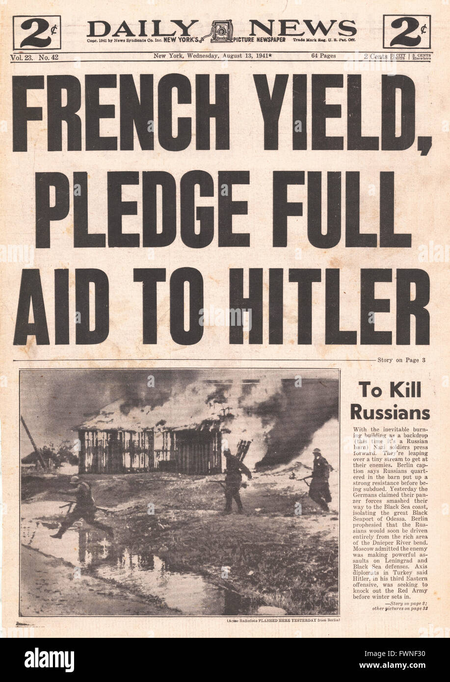 1941 Titelseite Daily News (New York) Petain verspricht volle Hilfe zu Hitler Stockfoto