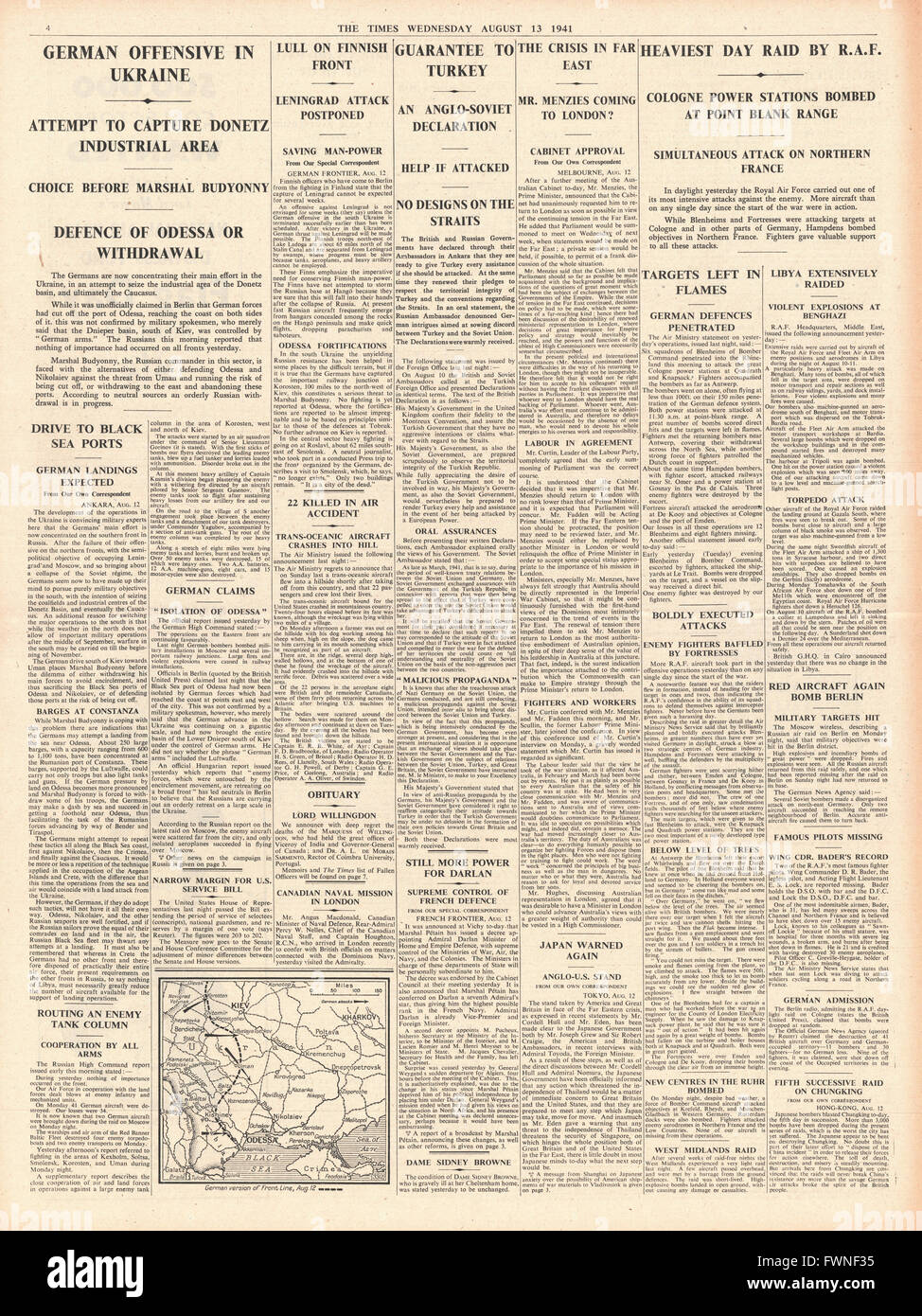 1941 s. 4 The Times Bundeswehr Adavance in der Ukraine und RAF-Tageslicht-Razzia in Köln Stockfoto