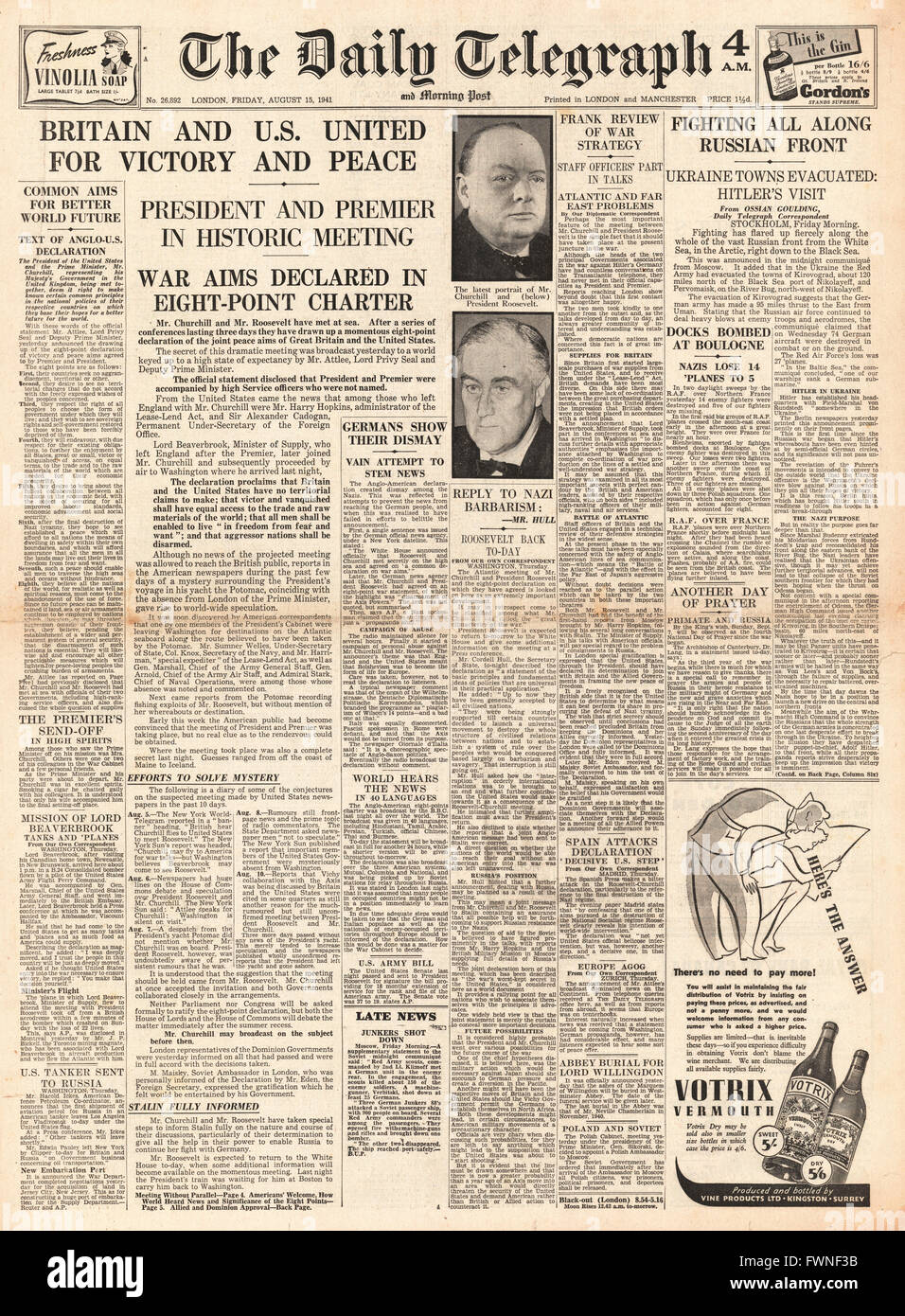 1941 Titelseite Daily Telegraph Churchill und Roosevelt vereinbaren Atlantik-Charta Stockfoto