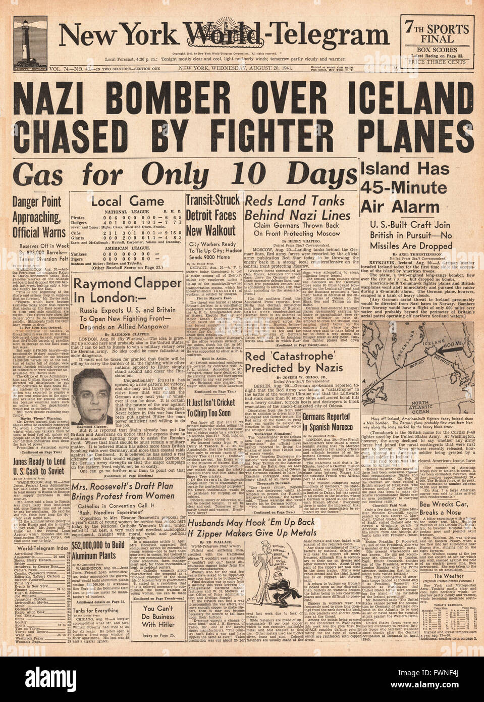 Titelseite 1941 New York Welt Telegramm deutsche Bomber jagte über Island Stockfoto