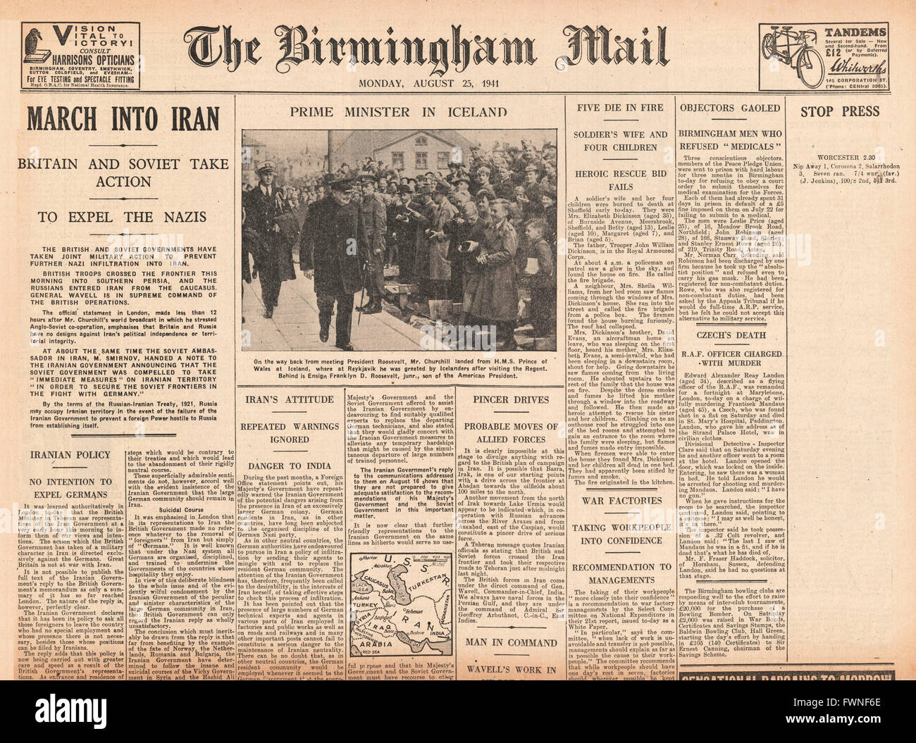 1941 Titelseite Birmingham Mail britische und sowjetische Truppen marschieren in Iran und Churchill besucht Island Stockfoto