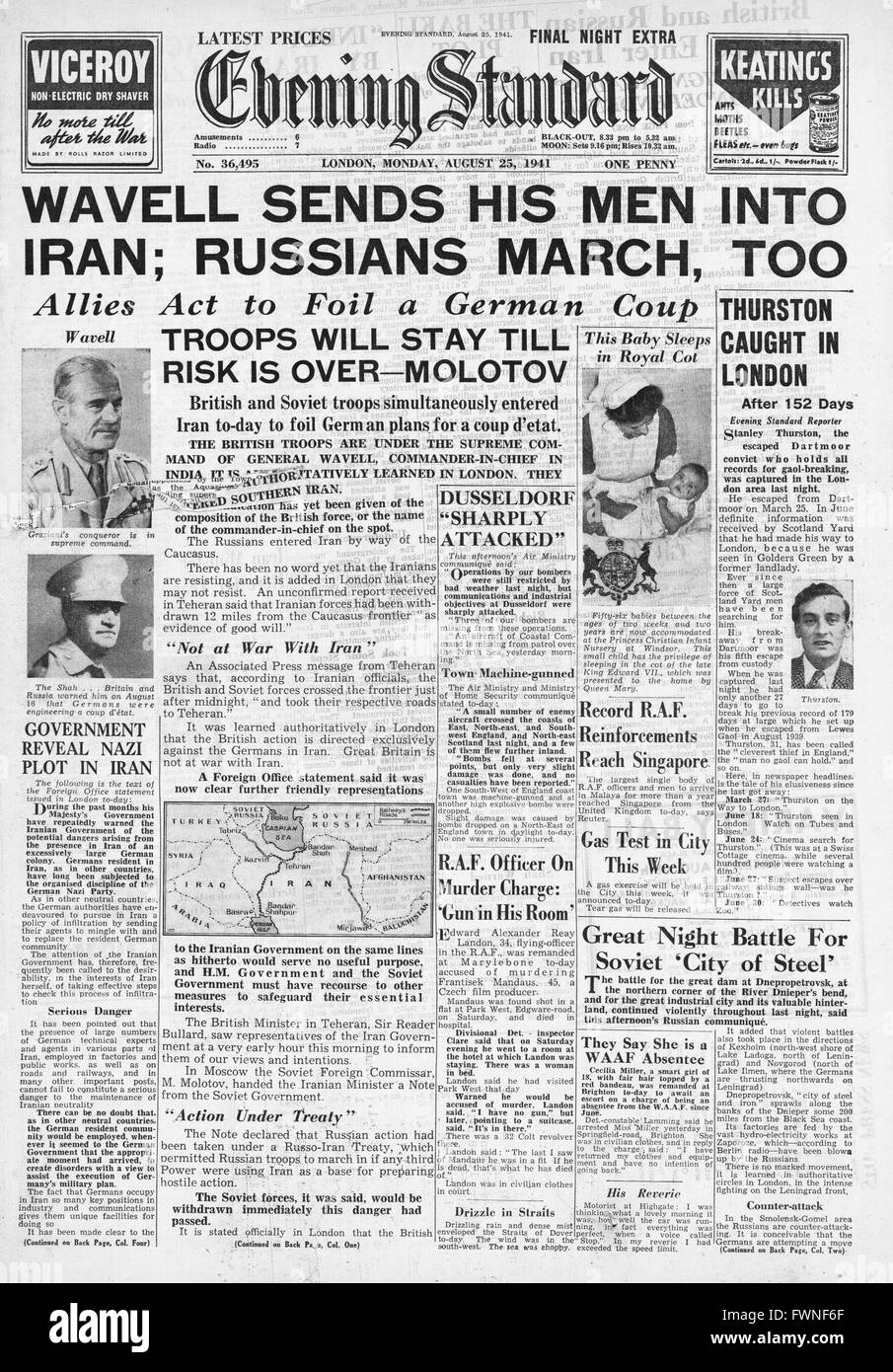 1941 Titelseite Abend Standard britische und sowjetische Truppen marschieren in Iran und Churchill besucht Island Stockfoto