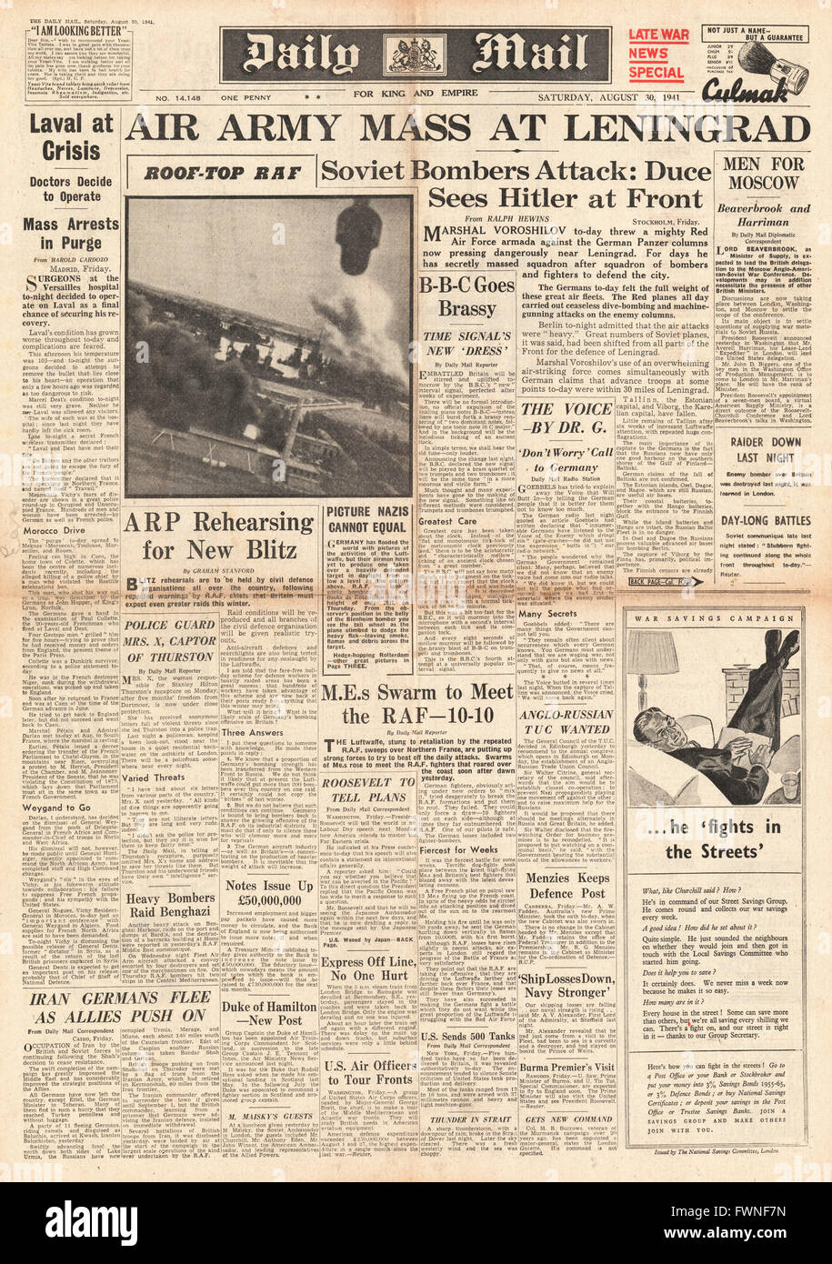 1941 Front Page Daily Mail sowjetische Luftwaffe Messe in Leningrad Stockfoto