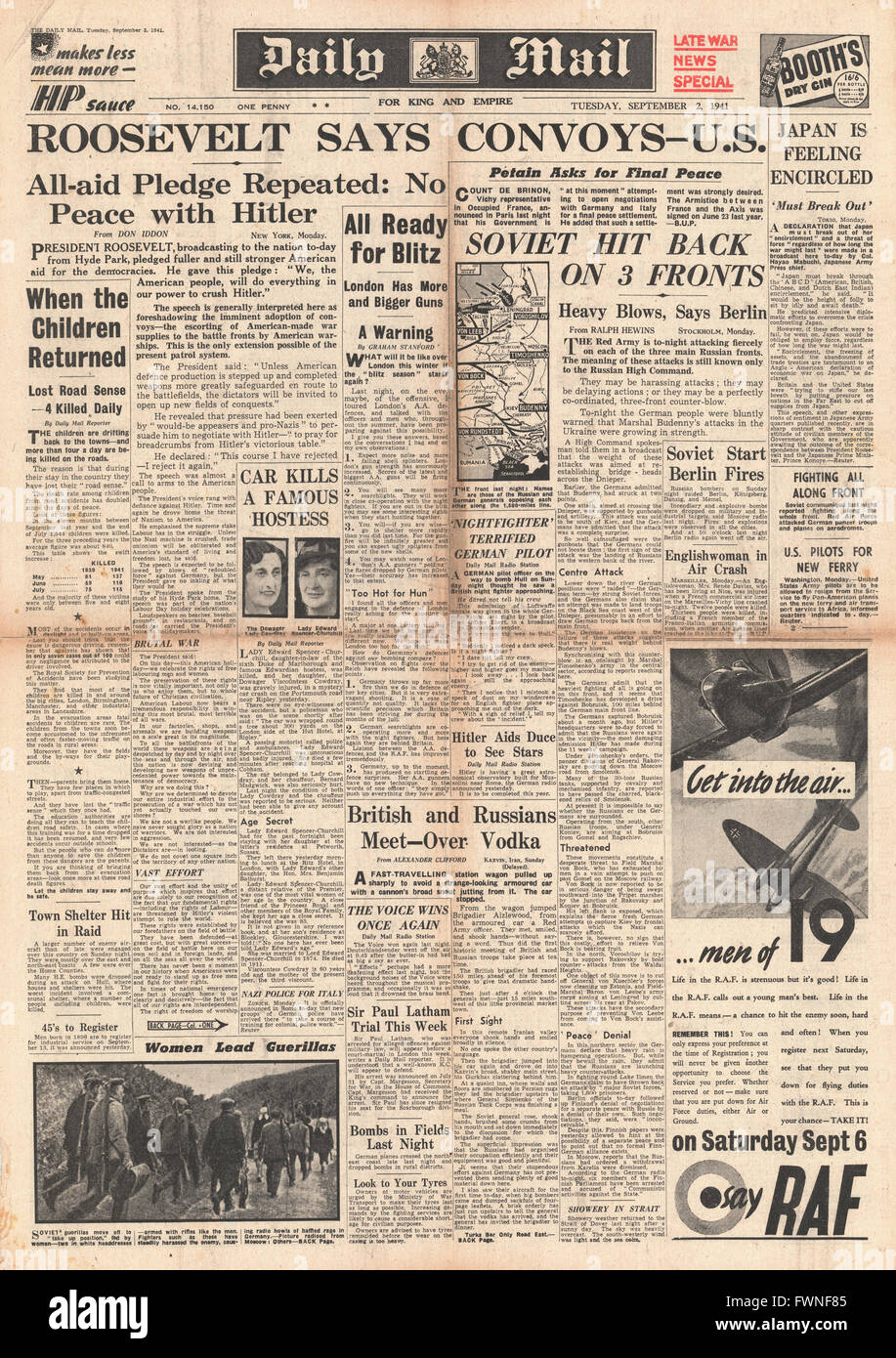 1941 Titelseite Daily Mail Roosevelt gibt Maifeiertag Rede und deutschen und russischen Armeen kämpfen an der Ostfront Stockfoto