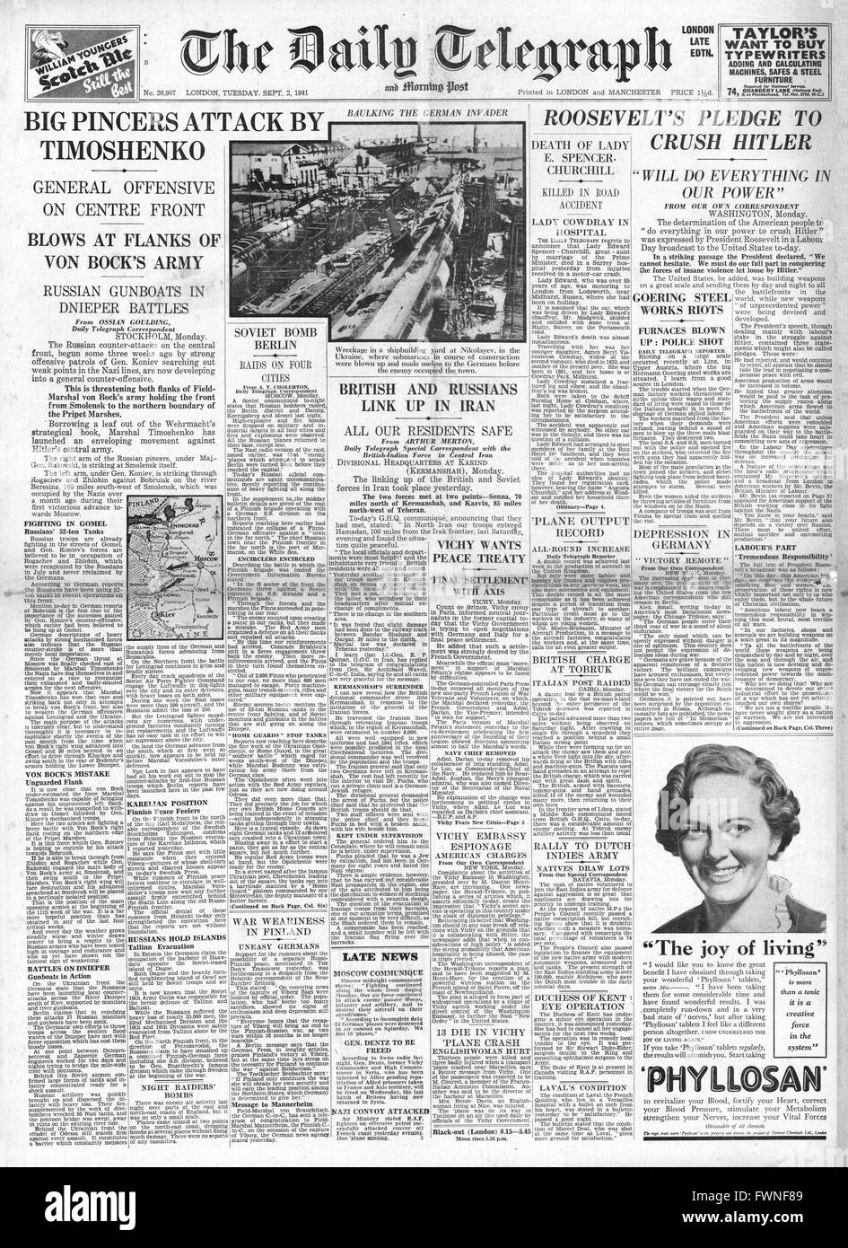 1941 Front Page Daily Telegraph Roosevelt gibt Tag der Arbeit Rede und Russischen Armee gegen den Angriff auf die Ostfront Stockfoto
