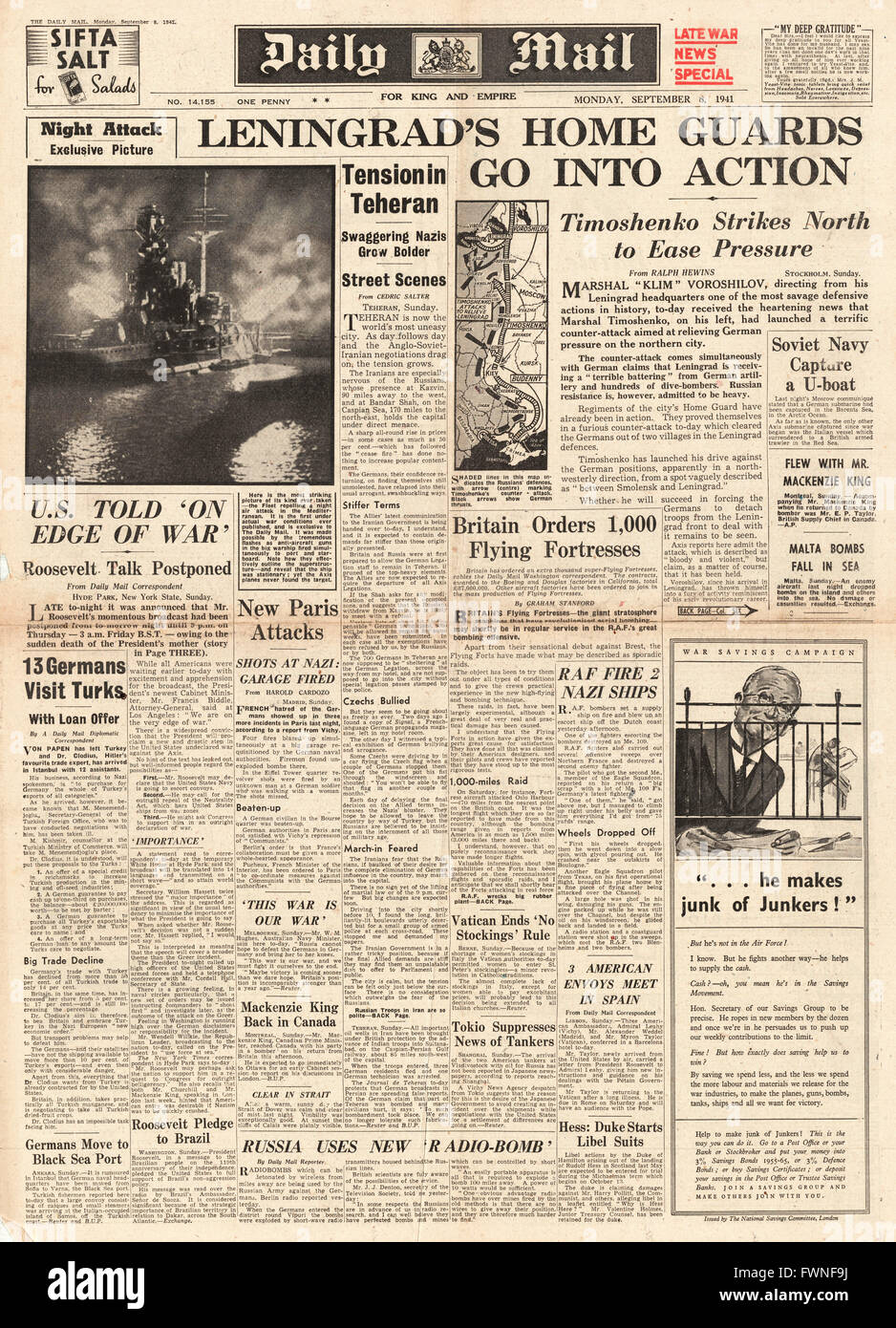 1941-Titelseite Daily Mail Schlacht um Leningrad Stockfoto