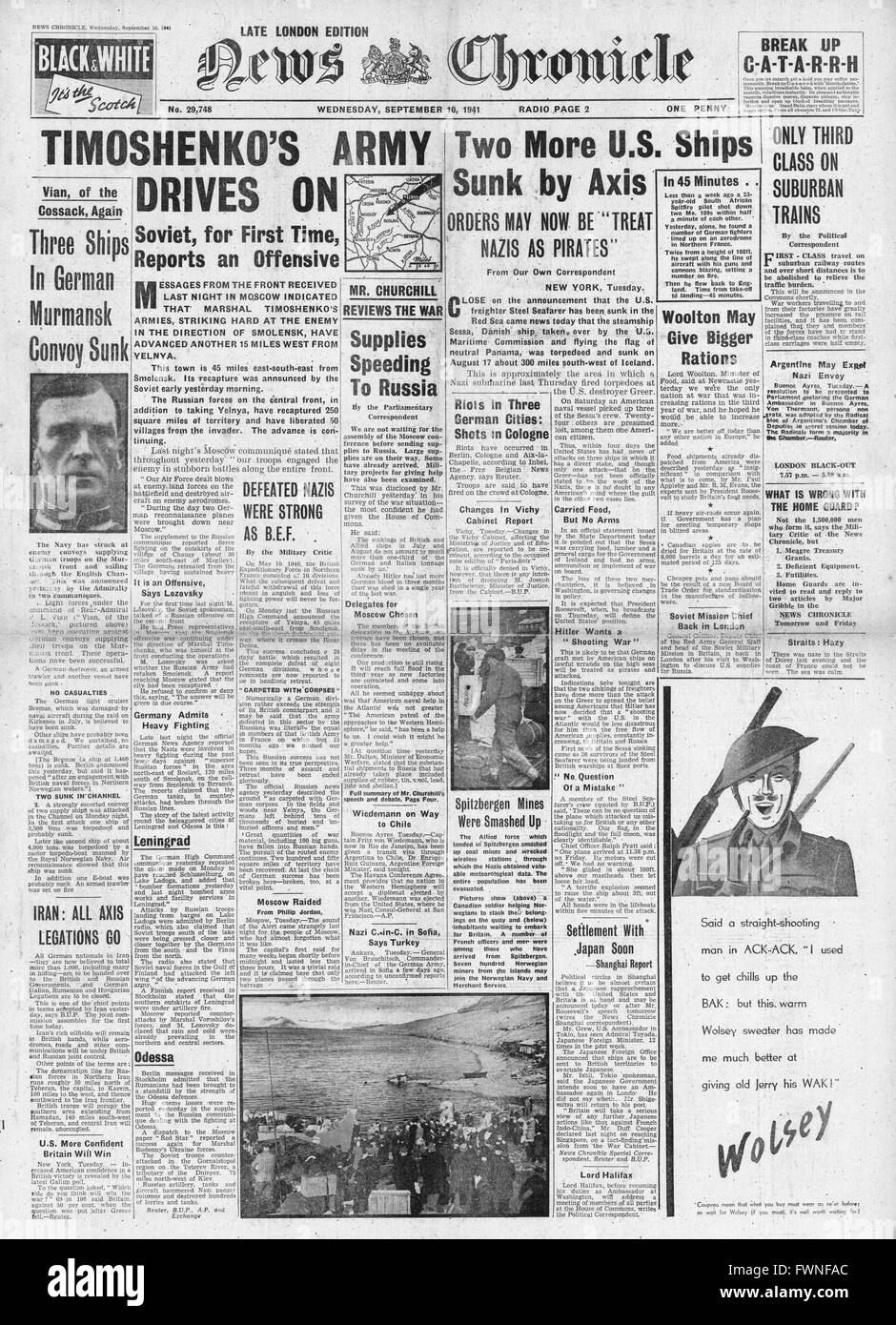 1941 Titelseite News Chronicle Marschall Timoschenko führt den russischen Gegenangriff an und U-Boot versenkt die Seefahrer Sessa und Steel des Frachters Stockfoto
