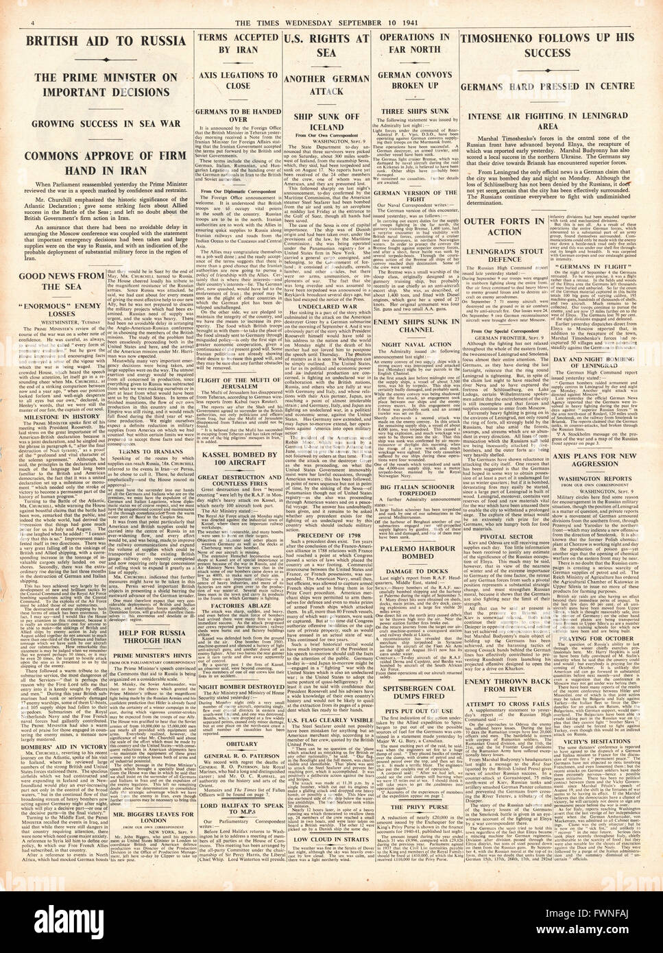 1941-Seite 4 die Zeiten Briten Beihilfen für Russland, Begriffe von Iran, Marschall Timoshenko Gegenangriffe in Russland akzeptiert und u-Boot sinkt US-Frachter Longtaker Stockfoto