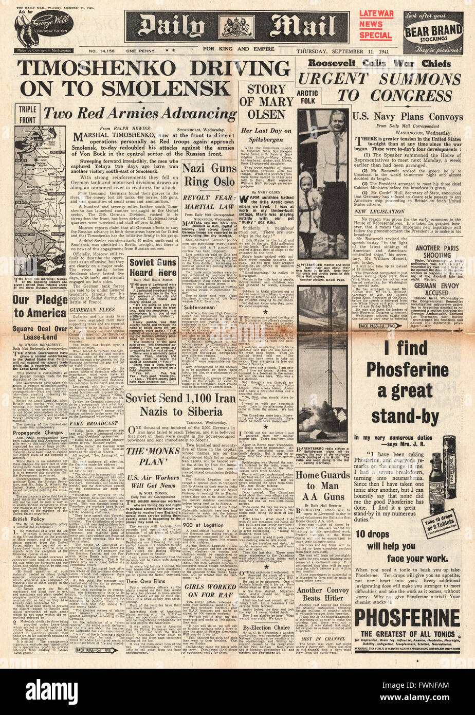 1941-Titelseite Daily Mail russische Truppen unter Marschall Timoshenko Fahrt nach Smolensk und Roosevelt beschwört Kriegshäuptlinge Kongress Stockfoto