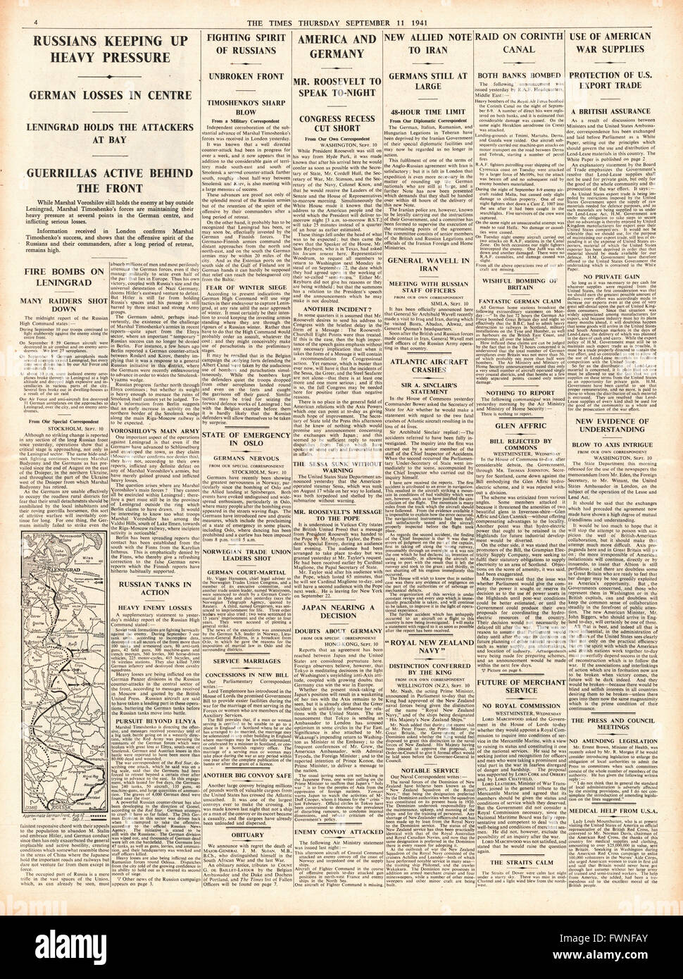 1941, Seite 4 The Times russische Truppen angreifen entlang der Ostfront und RAF Überfall von Korinth Stockfoto