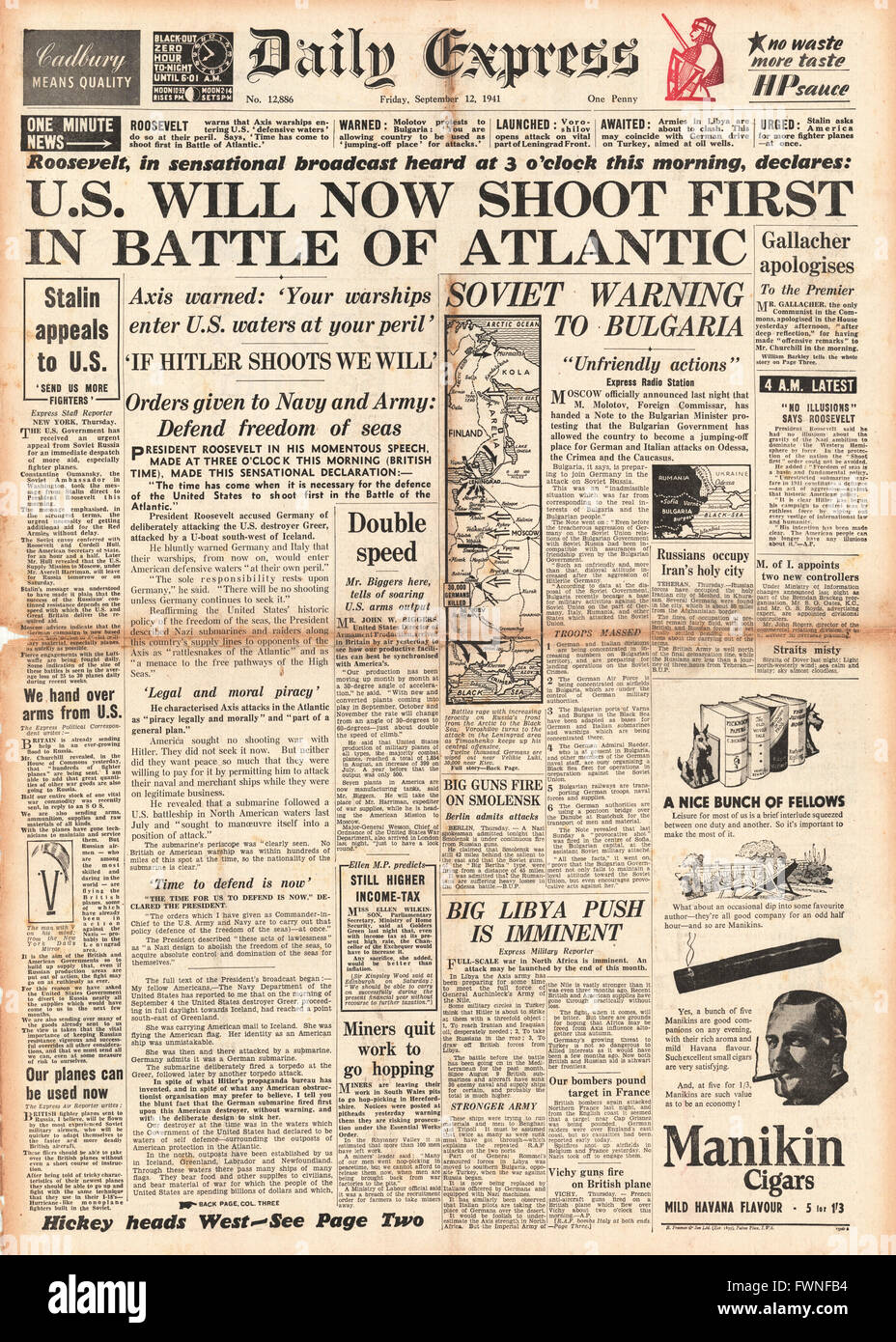 1941-Titelseite Daily Express Roosevelt Rede zur Schlacht von Atlantik und sowjetischen ermahnt uns, Bulgarien Stockfoto