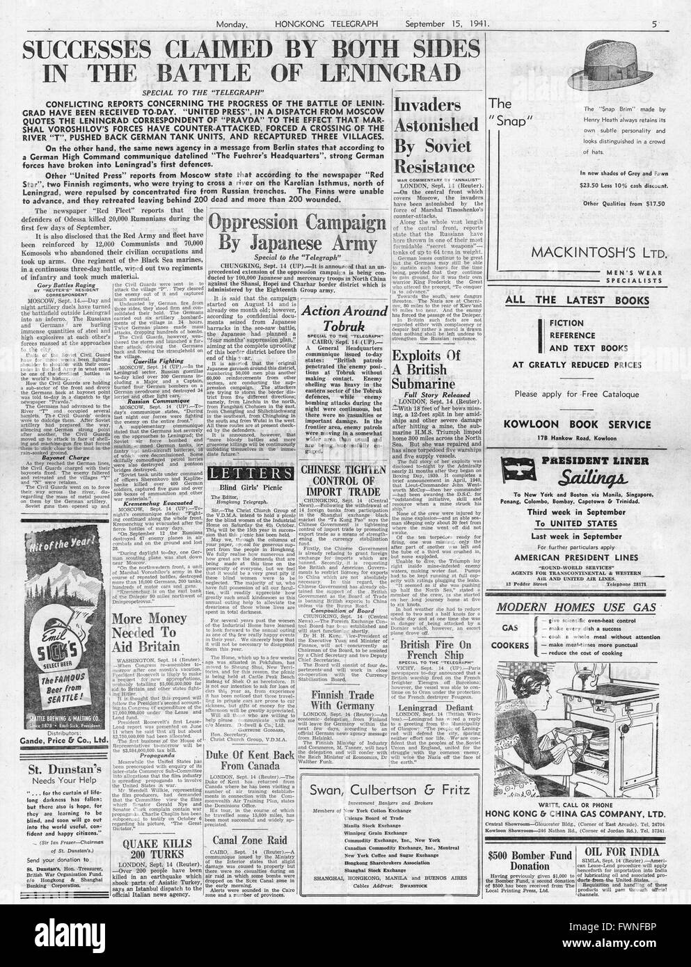1941, Seite 5 Hong Kong Telegraph Schlacht um Leningrad Stockfoto