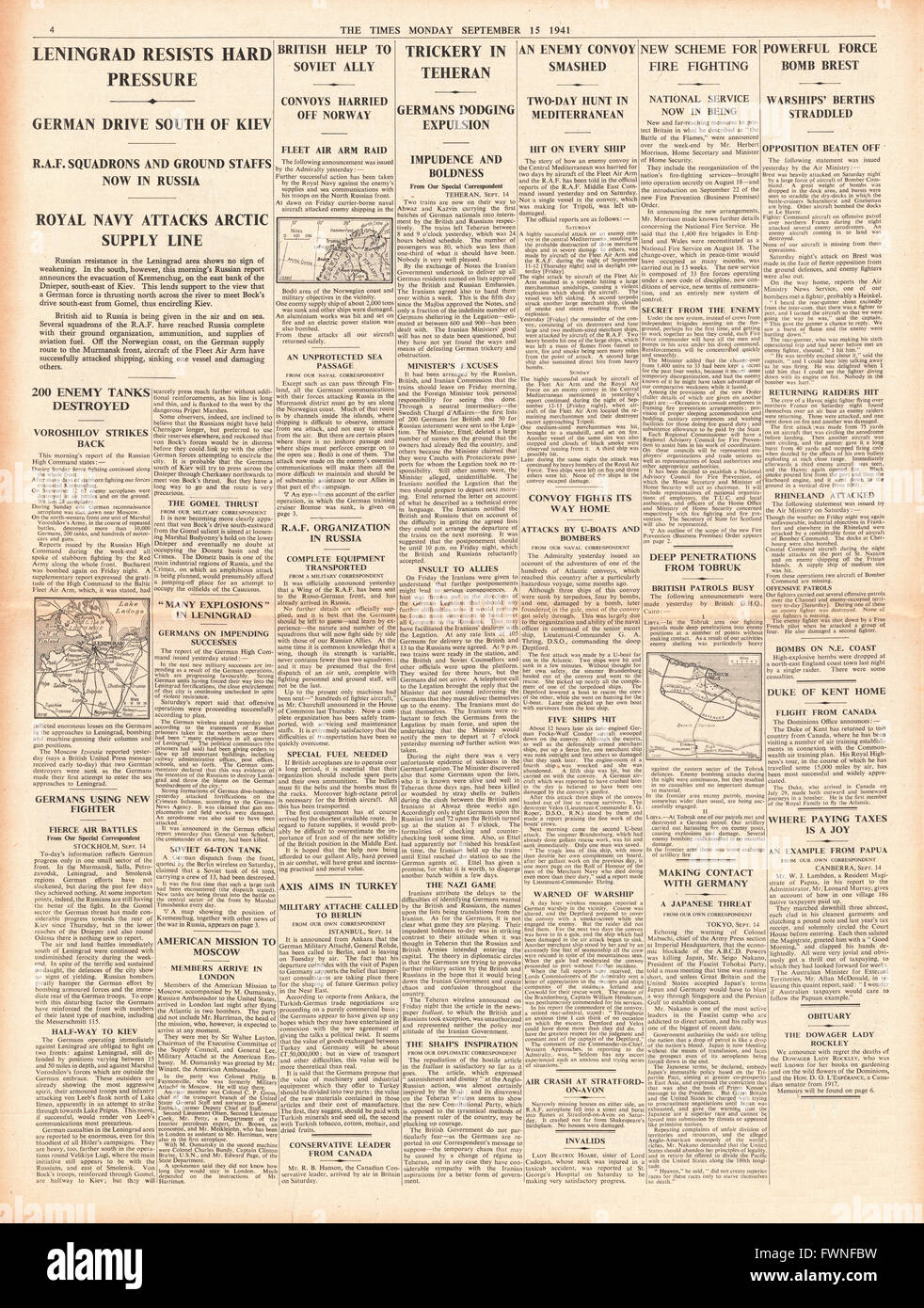 1941-Seite 4 The Times US-Freiwilligen, RAF Hilfe Russland, Schlacht um Leningrad, arktische Konvois, die deutschen Putschversuch in Teheran und RAF Bombe Brest Stockfoto