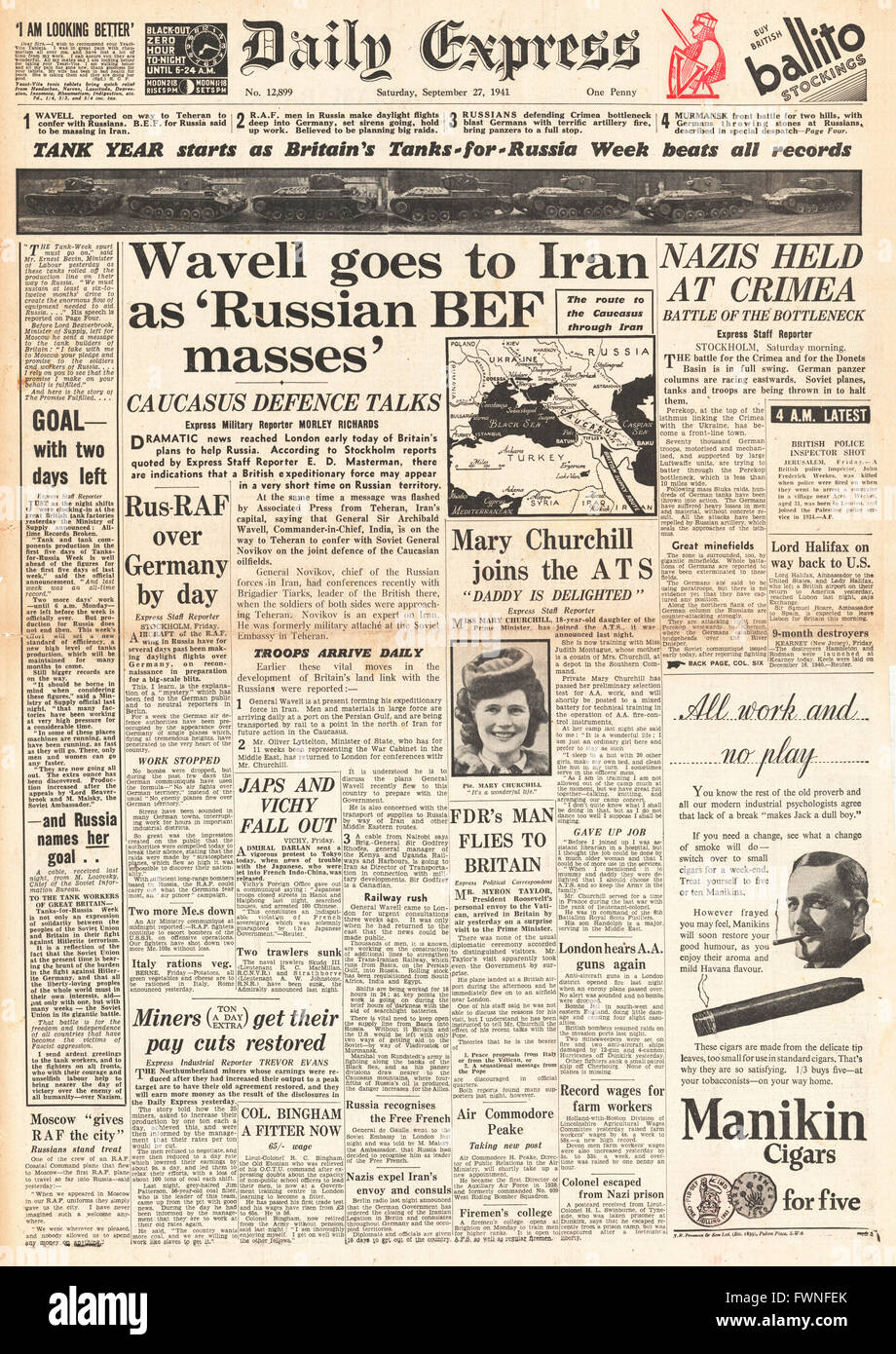 1941-Front Seite Daily Express General Wavell Bildung Armee im Iran um Russland zu helfen Stockfoto