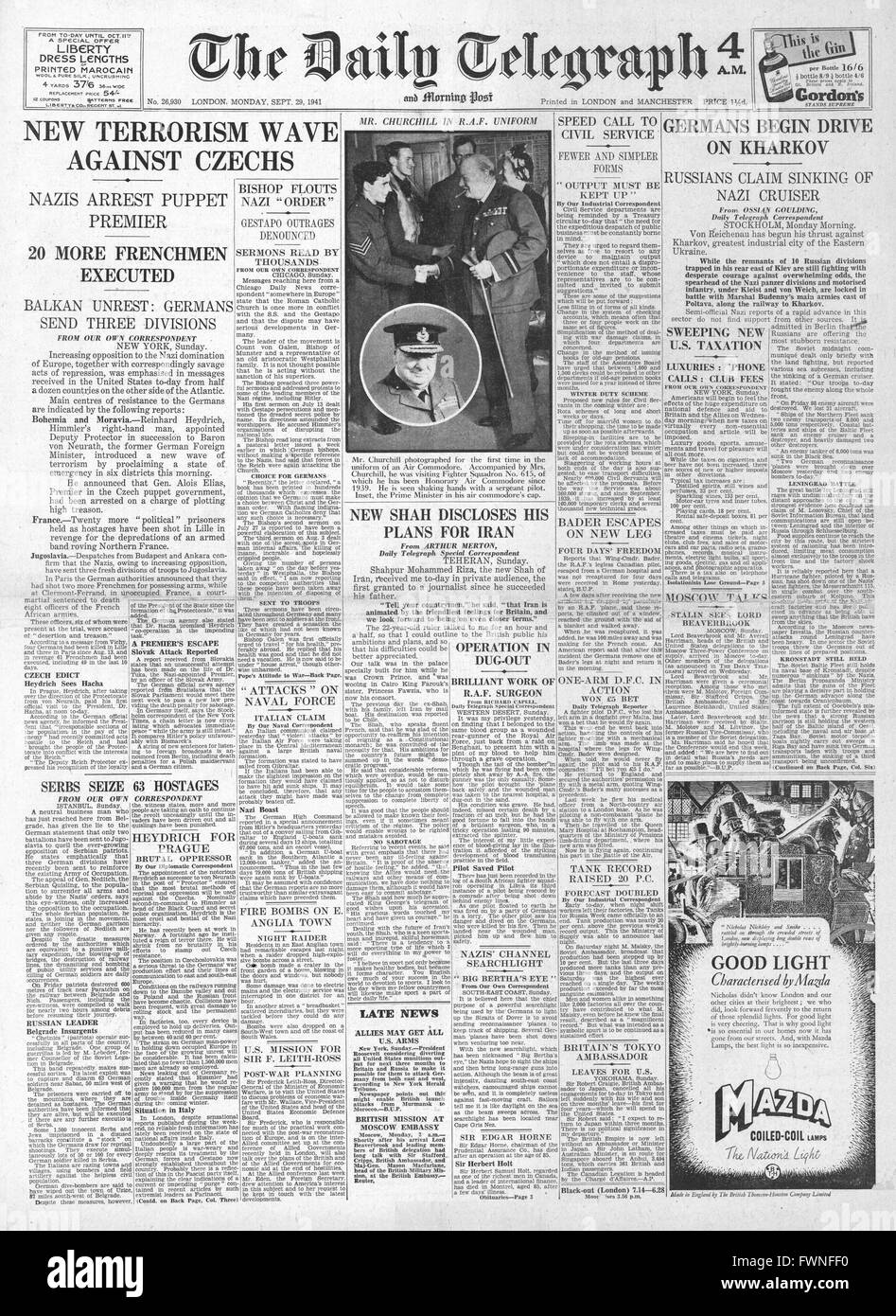 1941 Titelseite Daily Telegraph Ausnahmezustand in der Tschechoslowakei und deutsche Kräfte beginnen befahren Kharkov Stockfoto