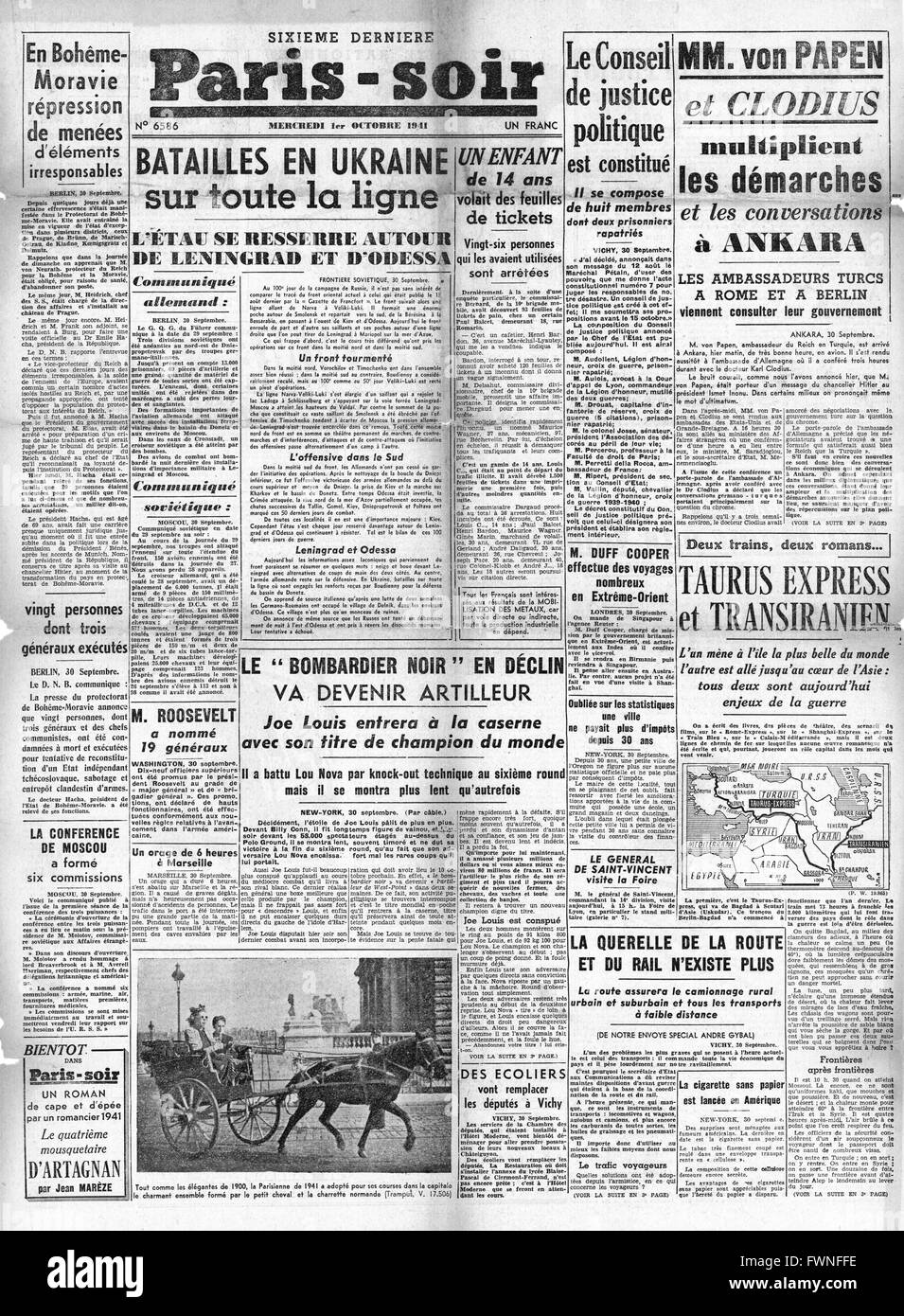 1941-Titelseite Paris-Soir Schlachten in der Ukraine und des Ausnahmezustands in der Tschechoslowakei und Russen Gegenangriff an Ostfront Stockfoto