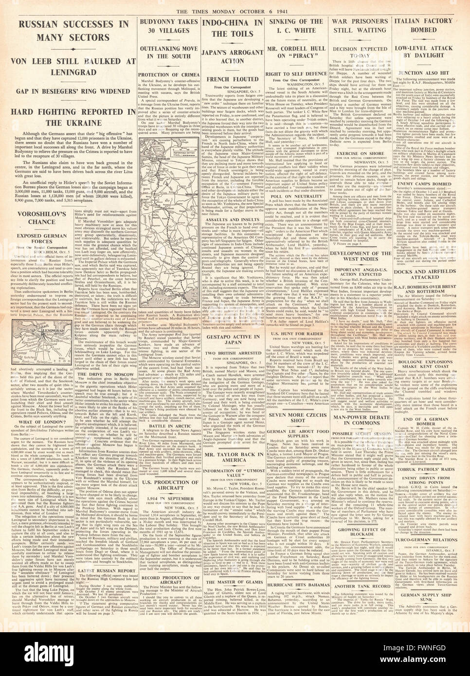 1941, Seite 4 die Zeiten russische Armee Erfolge auf Ostfront, Untergang der I.C White und japanische Besetzung von Indochina Stockfoto