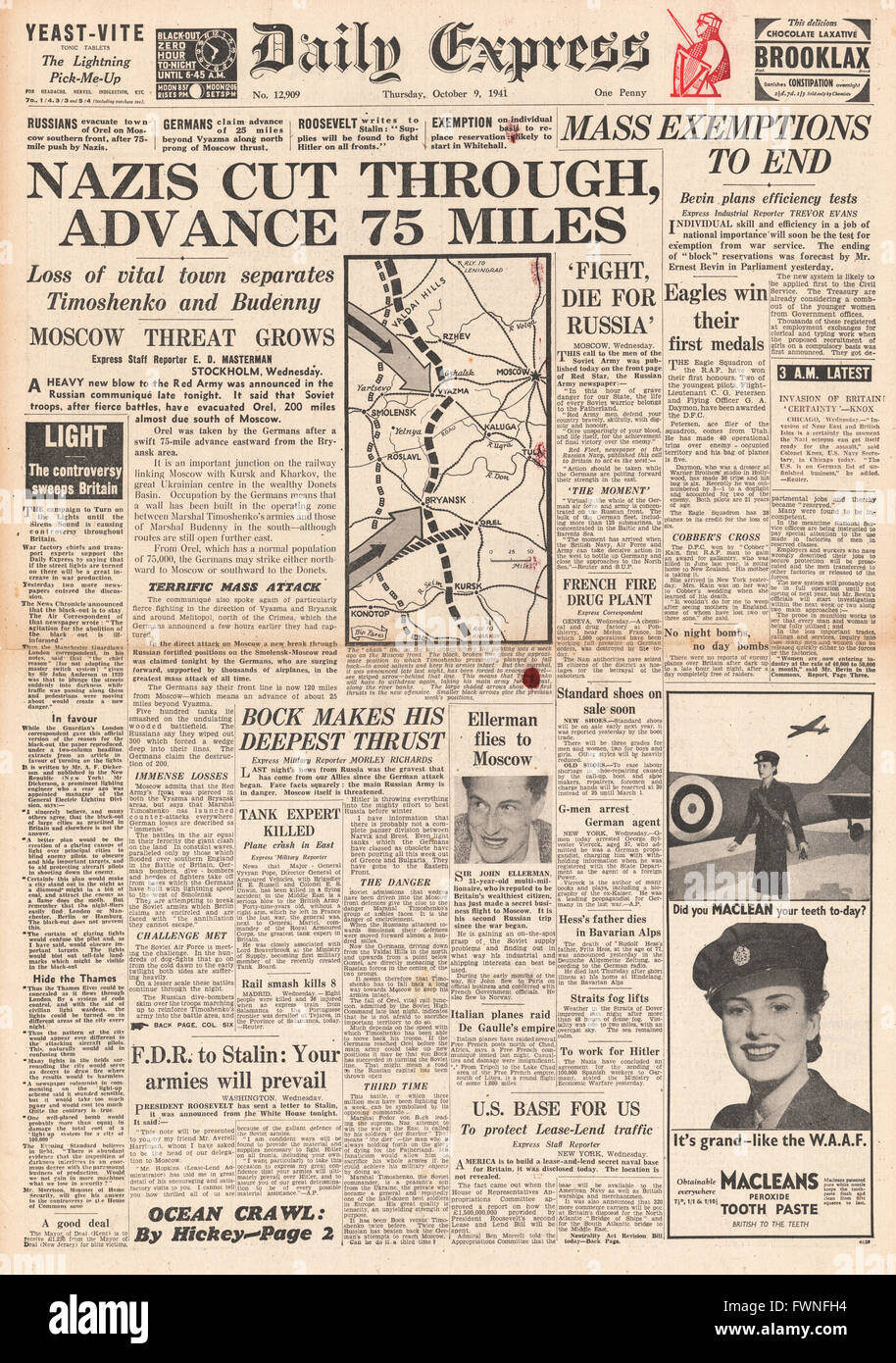 1941-Titelseite Daily Express Bundeswehr befahren Moskau Stockfoto