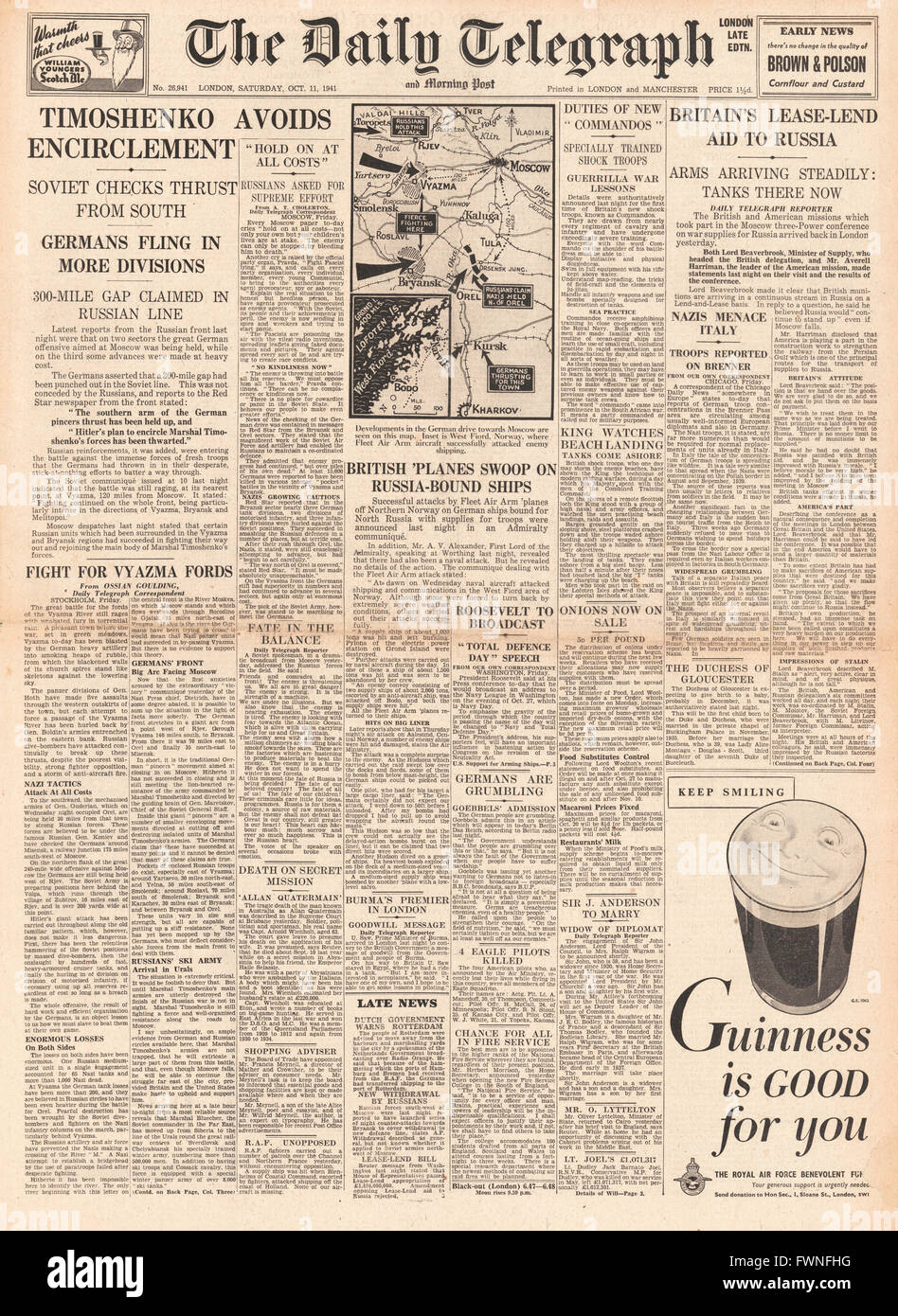 1941-Titelseite Daily Telegraph Kampf um Moskau, Großbritannien, Russland und chinesische Armee zu helfen besiegen japanische Truppen am Ichang Stockfoto