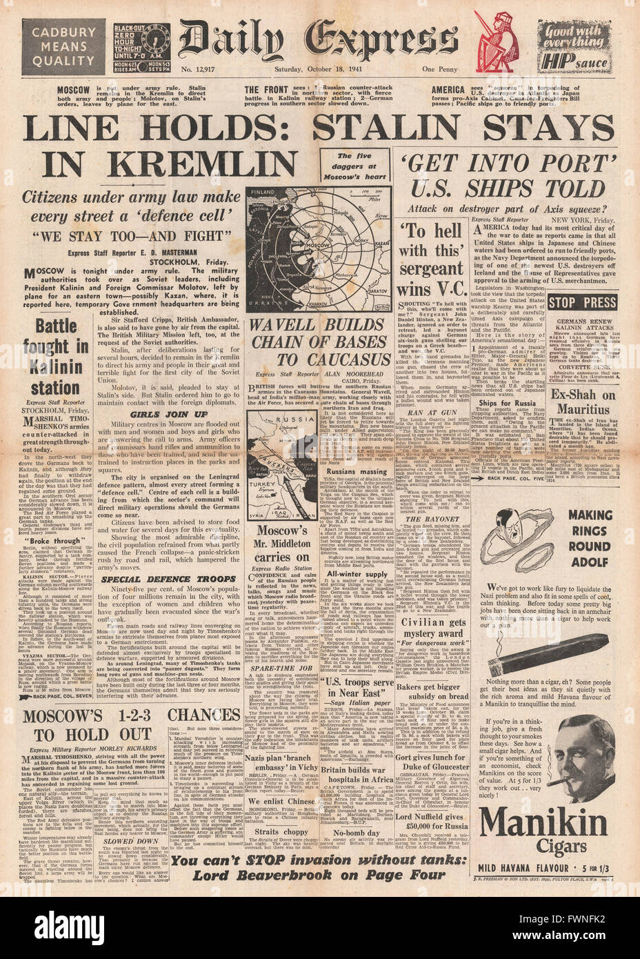 1941 Titelseite Daily Express Battle for Moskau, General Wavell baut Stützpunkte im Iran und im Irak und Sergeant John Hinton gewinnt Victoria Cross Stockfoto