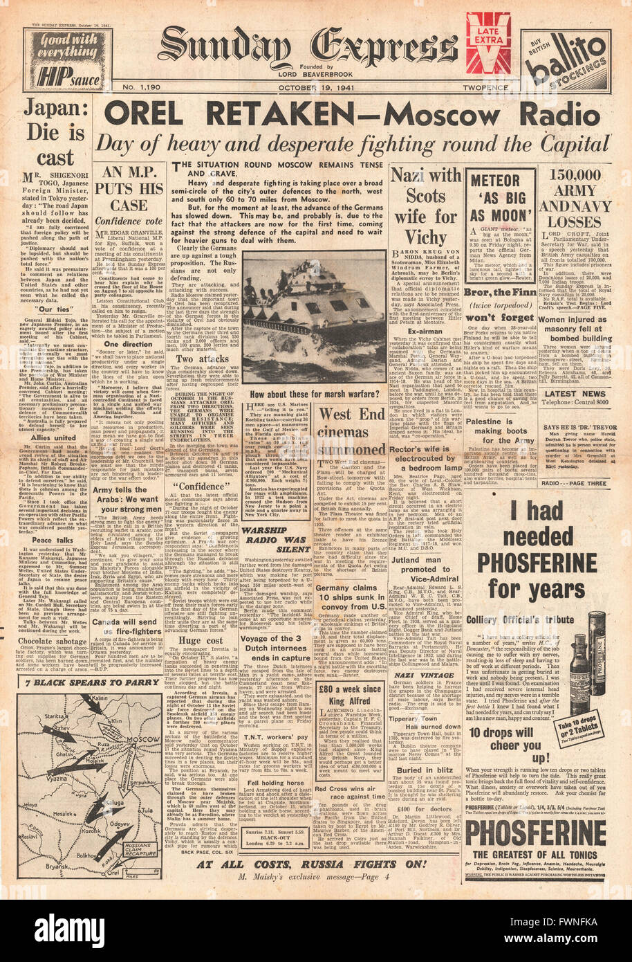 1941-Titelseite Sunday Express russische Armee zurückerobert Orel und General Hideki Tojo ist neuer Leiter des japanischen Kabinetts Stockfoto