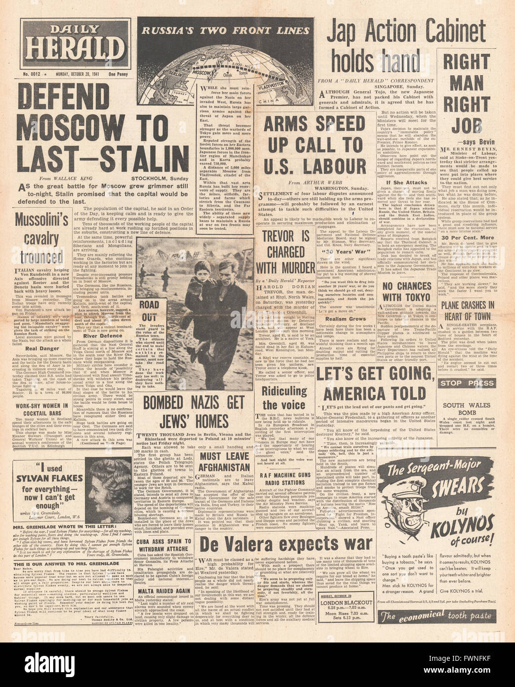 1941-Titelseite Daily Herald-Schlacht um Moskau und General Hideki Tojo ist neuer Leiter des japanischen Kabinetts Stockfoto