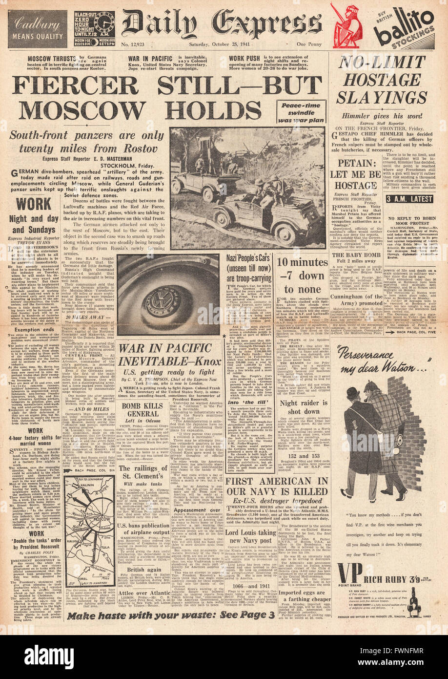 1941-Titelseite Daily Express US Navy Sekretär Frank Knox bestimmte US - japanischen clash, Hinrichtungen in Frankreich und Kampf für Russland Stockfoto