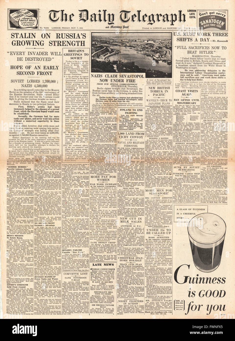 1941-Titelseite Daily Telegraph Stalin zuversichtlich des Sieges und der deutschen Armee angreifen Sewastopol Stockfoto