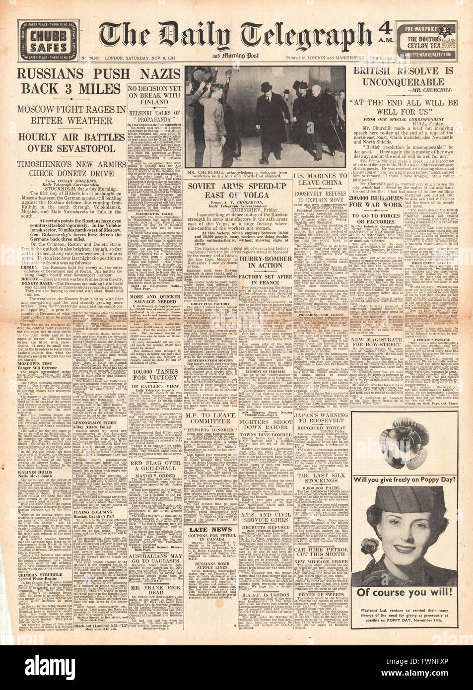 1941-Titelseite Daily Telegraph Schlacht um Moskau und Krim und Churchill sagt "Am Ende alles gut werden wird" Stockfoto