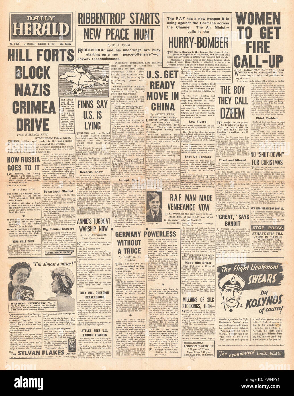 1941-Titelseite Daily Herald Kampf um die Krim, beginnt Von Ribbentrop neue diplomatische Friedensverhandlungen und Frauen zu beobachten, Feuer eingezogen werden Stockfoto
