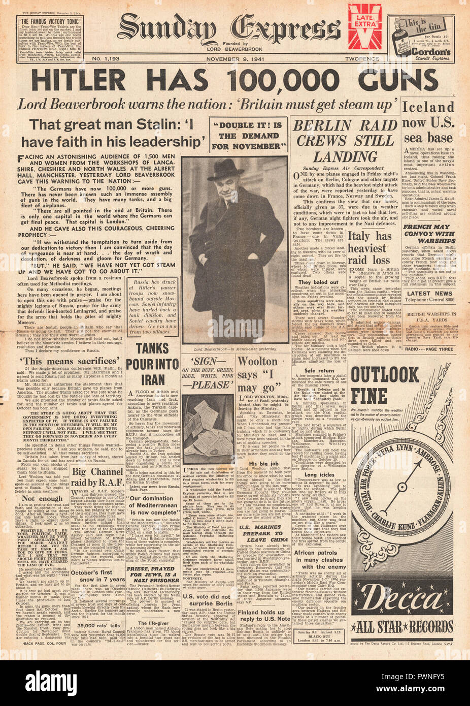1941-Titelseite Sunday Express Lord Beaverbrook fordert höhere Produktivität Stockfoto