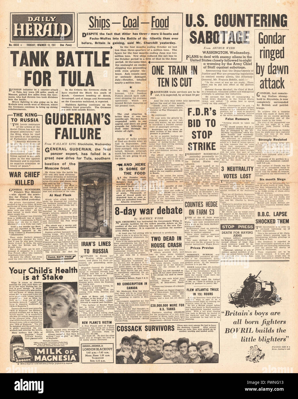 1941 Titelseite Daily Herald Bundeswehr Angriff auf Tula und General Huntziger statt bei Flugzeugabsturz getötet Stockfoto