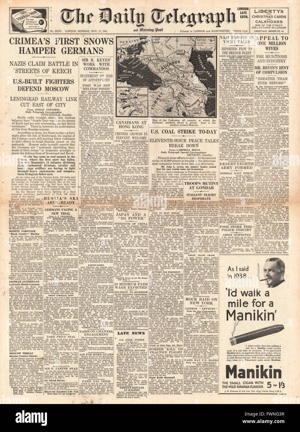 1941-Titelseite Daily Telegraph Schnee auf der Krim behindert Bundeswehr, Arbeitsminister Anruf auf 1 Million Frauen für Krieg und US Bergarbeiterstreik Stockfoto