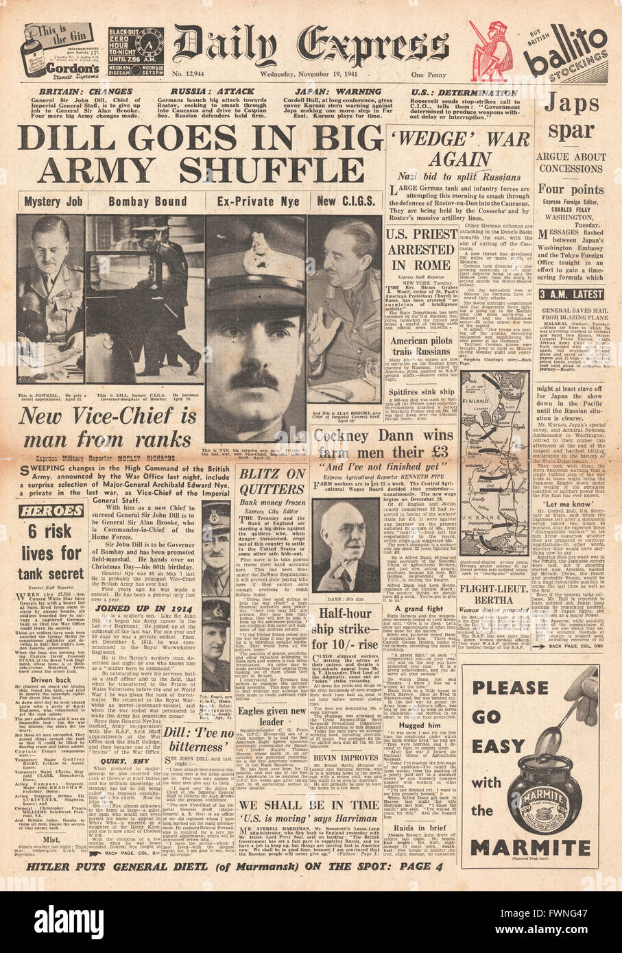 1941 Startseite Daily Express neu mischen im Oberkommando der britischen Armee Stockfoto