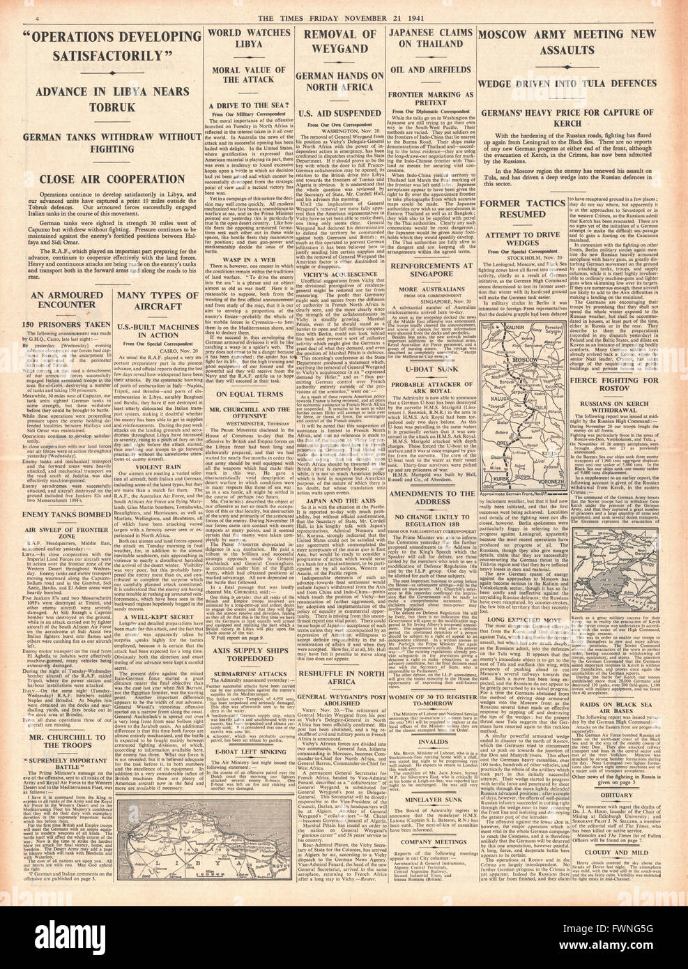 1941-Seite 4 voraus The Times britischen Streitkräfte in Libyen und Schlacht um Moskau Stockfoto