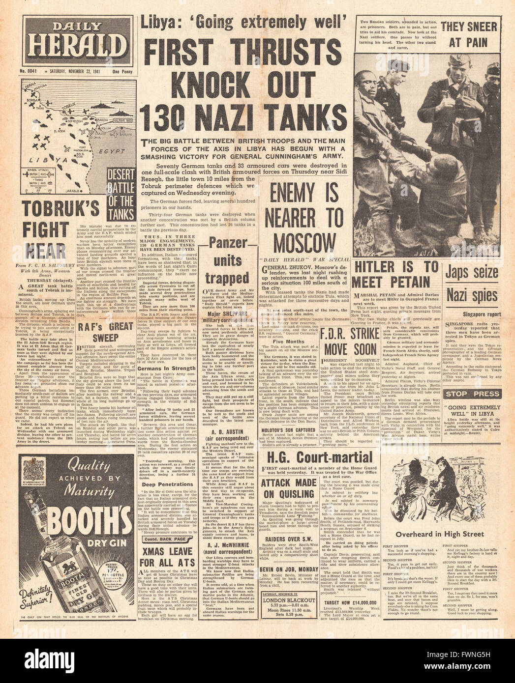 1941 vorne voraus Seite Daily Herald britischen Streitkräfte in Libyen Stockfoto