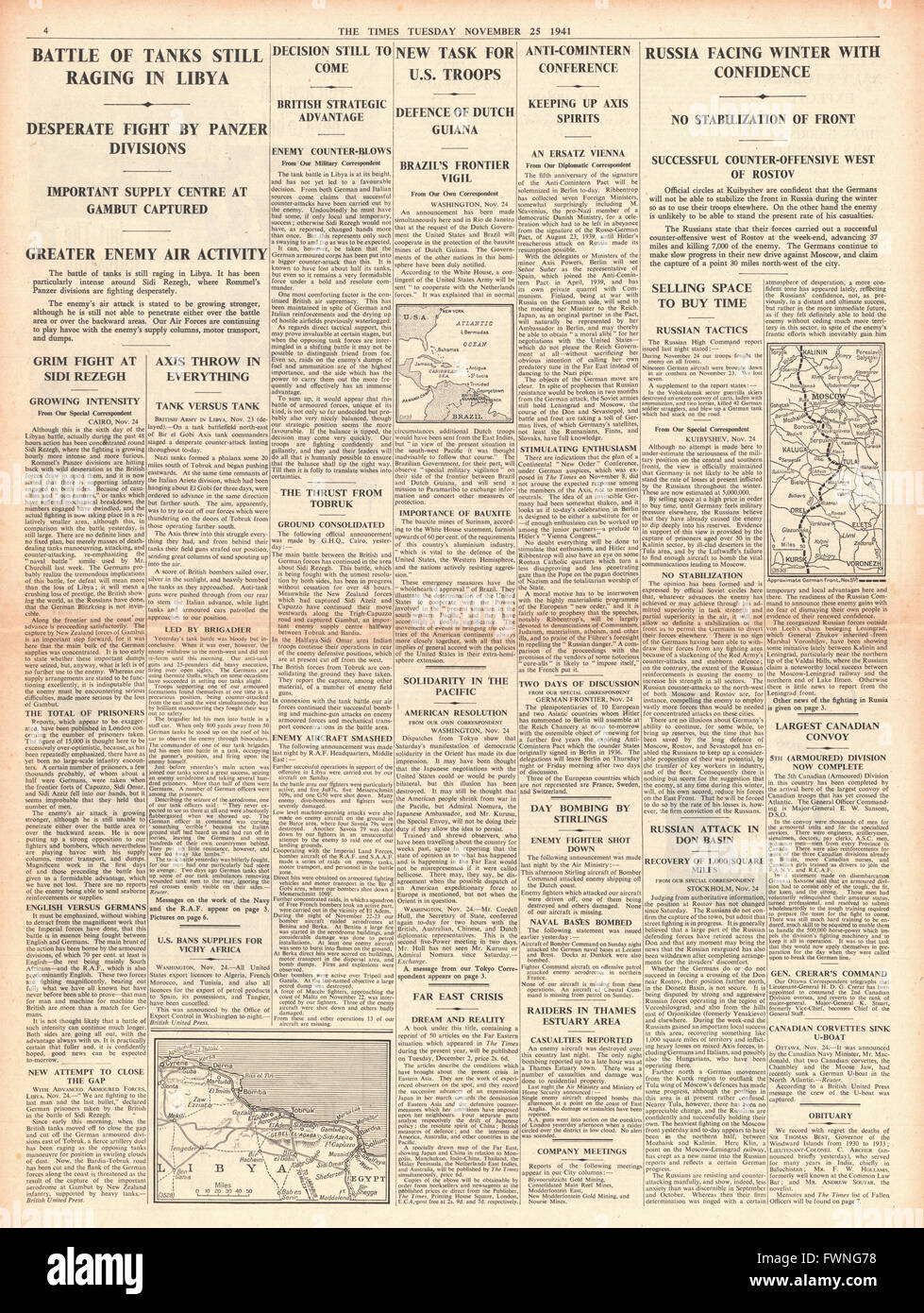 1941 s. 4 The Times Panzerschlacht in Libyen und im russischen Winter Stockfoto