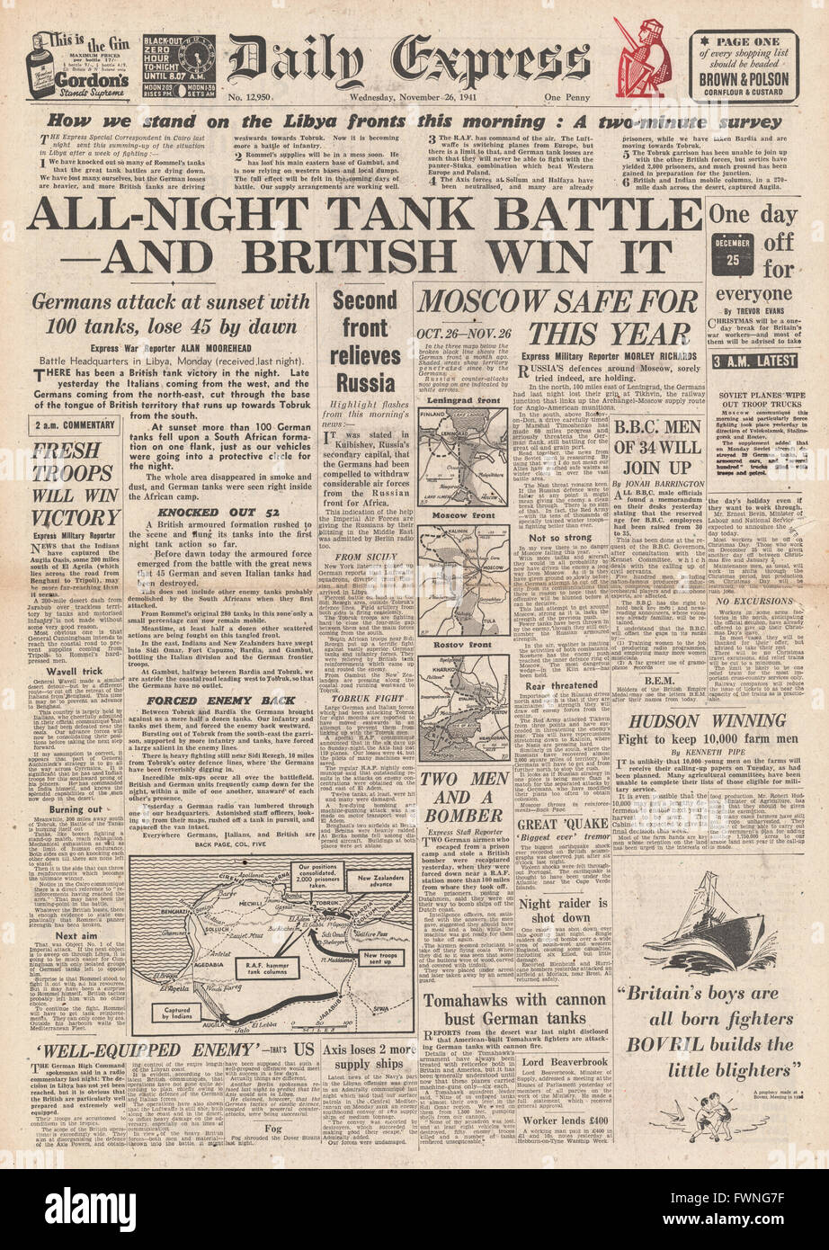 Titelseite Daily Express Kampf um Libyen und Schlacht um Moskau 1941 Stockfoto
