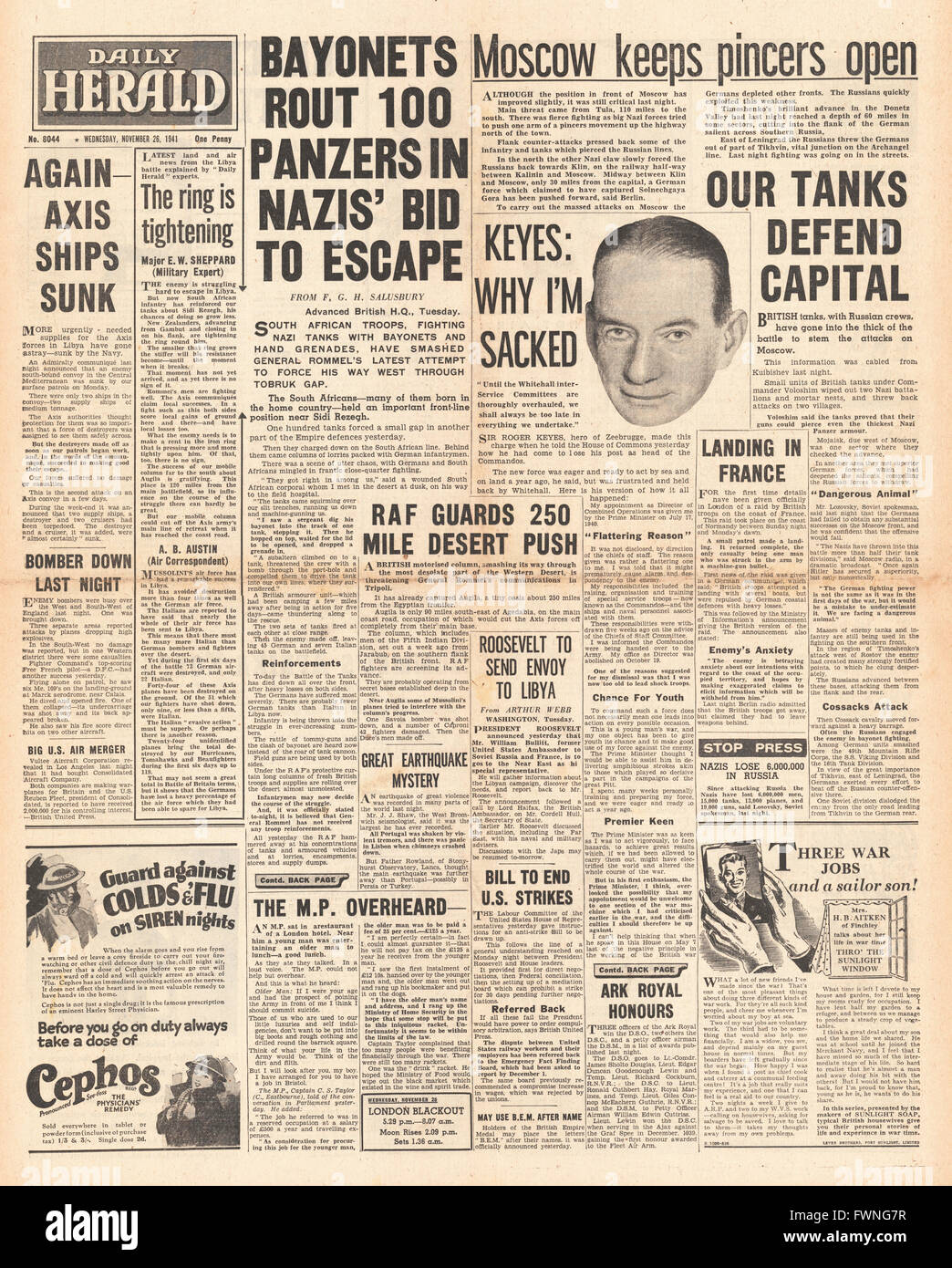 Titelseite Daily Herald Kampf um Libyen und Schlacht um Moskau 1941 Stockfoto