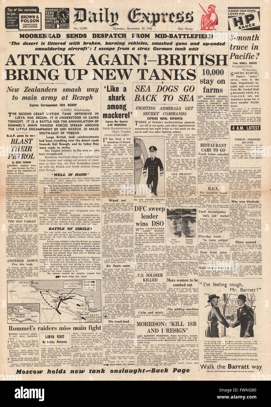1941-Titelseite Daily Express Kampf um Libyen Stockfoto