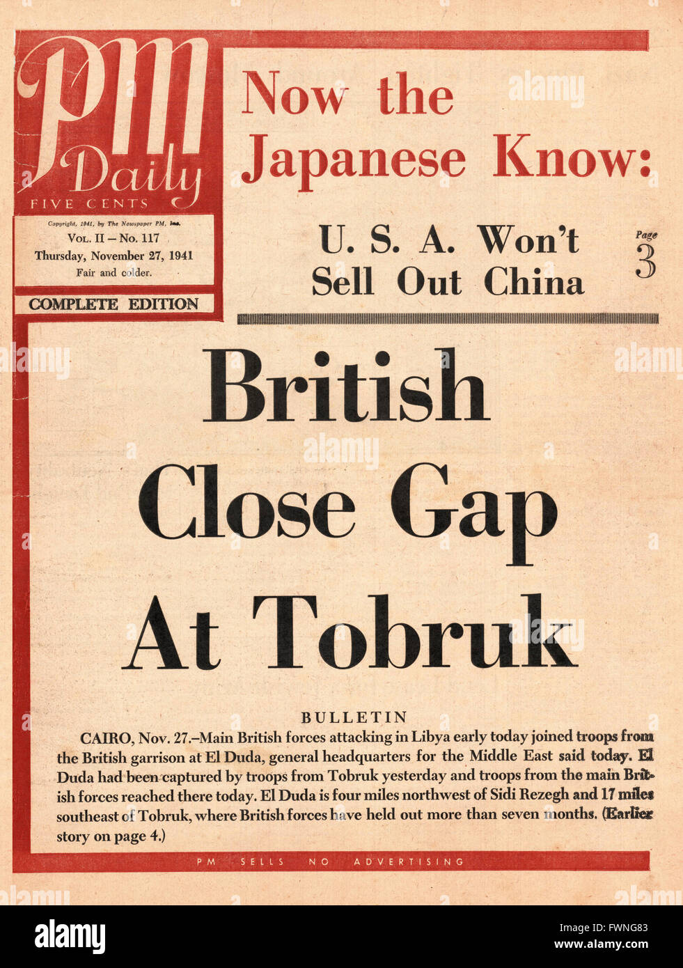 1941-Titelseite PM Daily (New York) Kampf um Tobruk Stockfoto