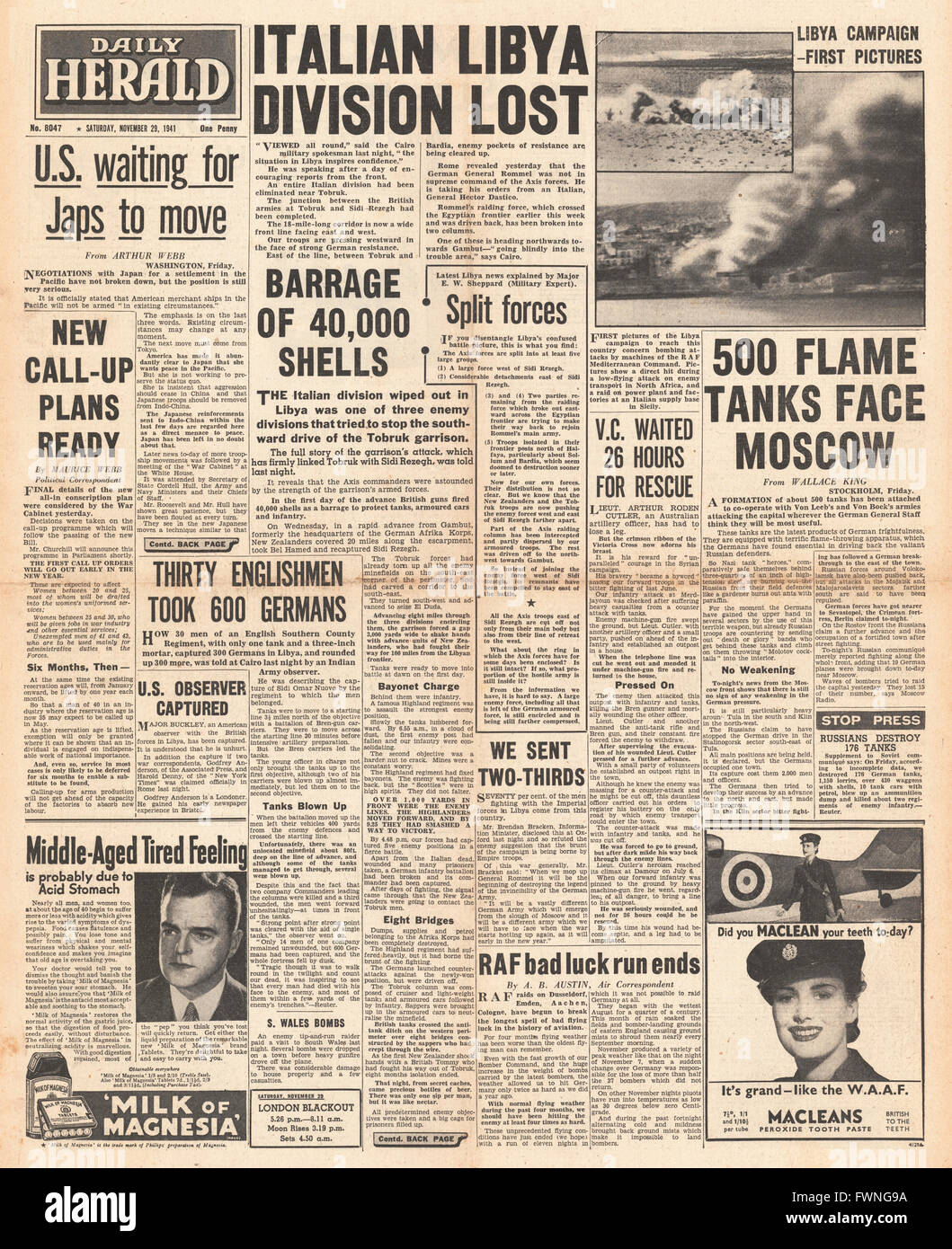 Titelseite Daily Herald Kampf um Tobruk und Schlacht um Moskau 1941 Stockfoto