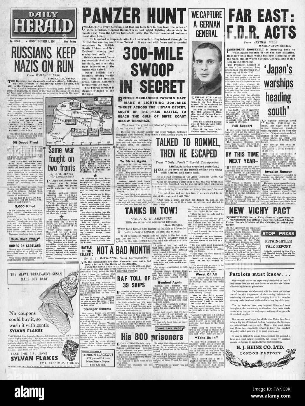 1941-Titelseite Daily Herald Kampf um Libyen und Krise im Fernen Osten Stockfoto
