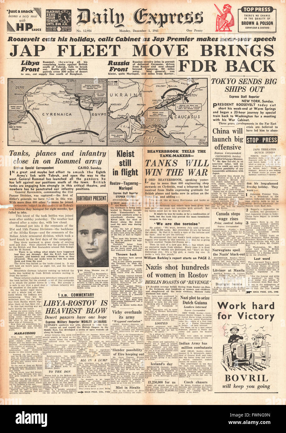 1941-Titelseite Daily Express japanische Marine Manöver in Fernost bedenklich Roosevelt, Kampf um Libyen und Kampf um die Krim und Kaukasus Stockfoto
