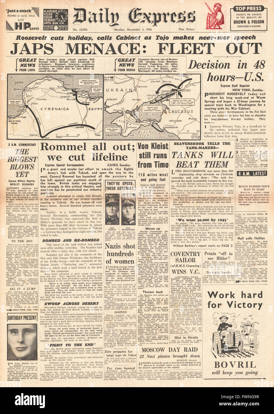 1941-Titelseite Daily Express japanische Marine Manöver in Fernost bedenklich Roosevelt, Kampf um Libyen und Kampf um die Krim und Kaukasus Stockfoto