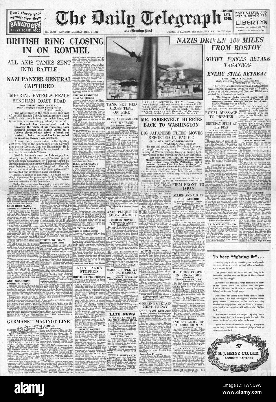 1941-Titelseite Daily Telegraph japanische Marine Manöver in Fernost bedenklich Roosevelt, Kampf um Libyen und Kampf um die Krim und Kaukasus Stockfoto