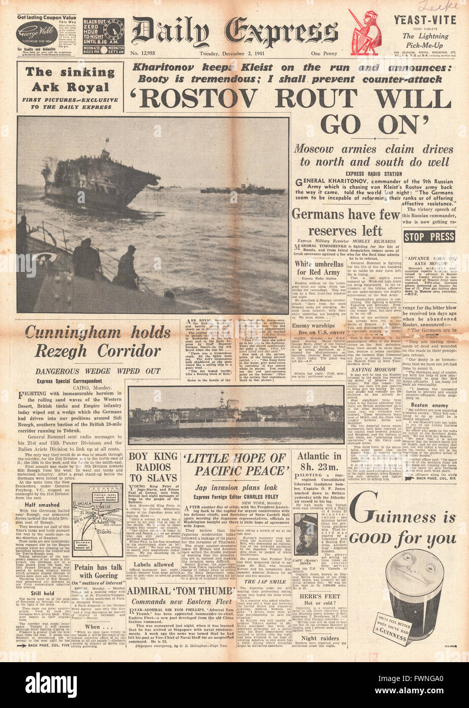 1941-Titelseite Daily Express Schlacht um Rostow und Versenkung der HMS Ark Royal Stockfoto