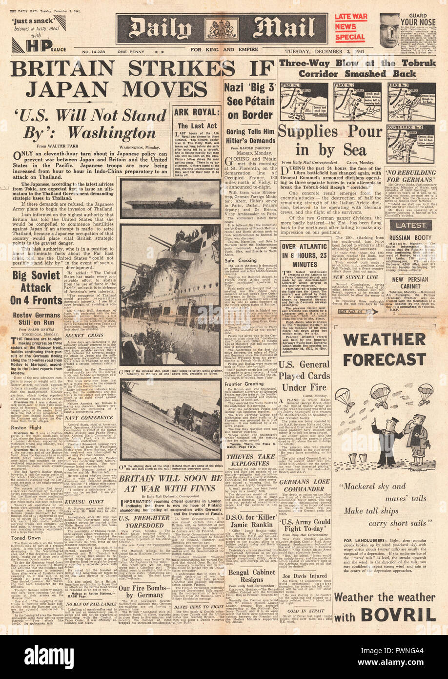 1941-Front Seite Daily Mail Daily Mail Krise im Fernen Osten, Kampf um Libyen und Versenkung der HMS Ark Royal Stockfoto