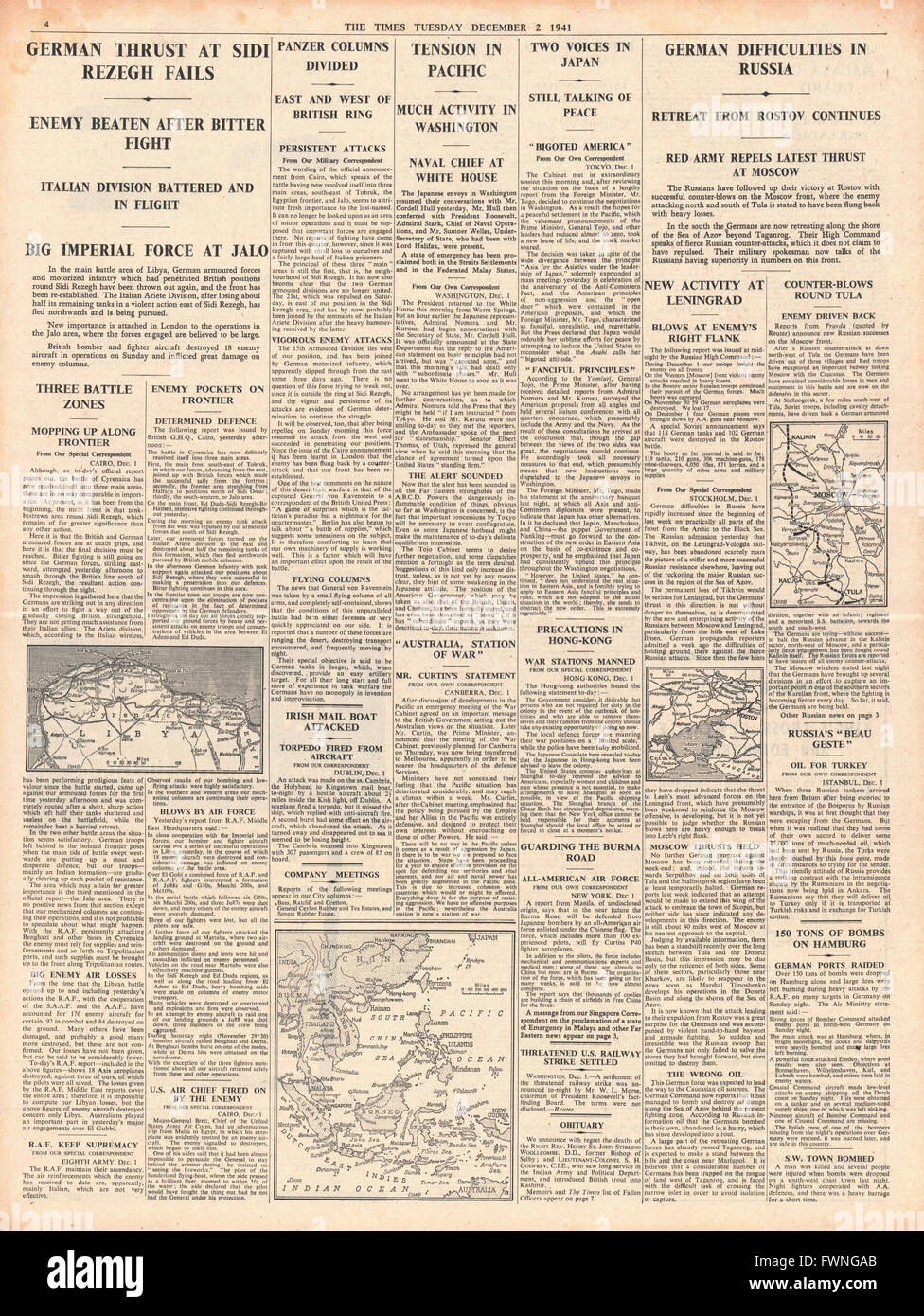 1941-Seite 4 The Times Bundeswehr befahren Sidi Rezegh, Spannungen im Pazifik und Schlacht um Rostow, Moskau und Krim Stockfoto