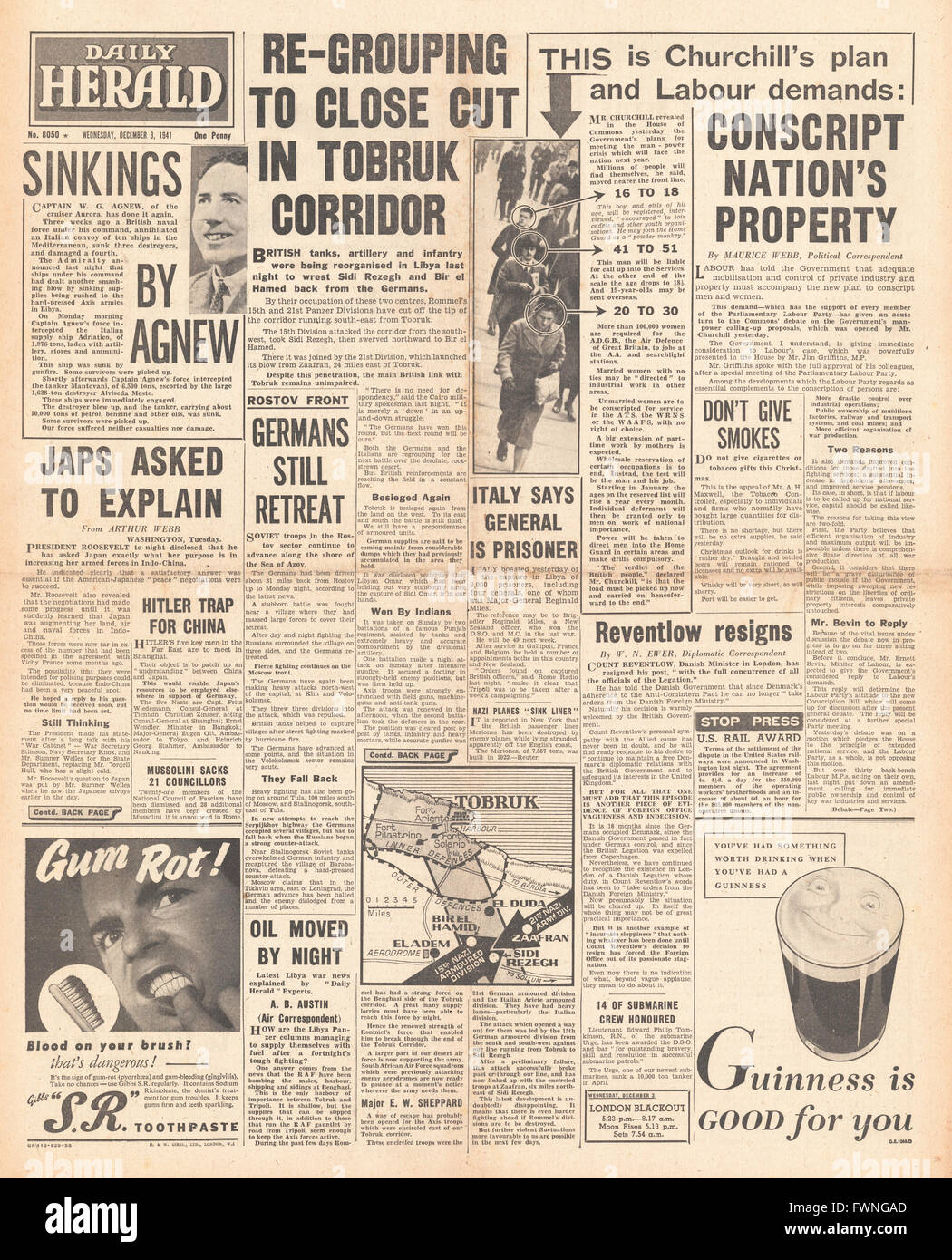 1941 plant Titelseite Daily Herald Kampf um Libyen und Regierung Wehrpflicht Stockfoto